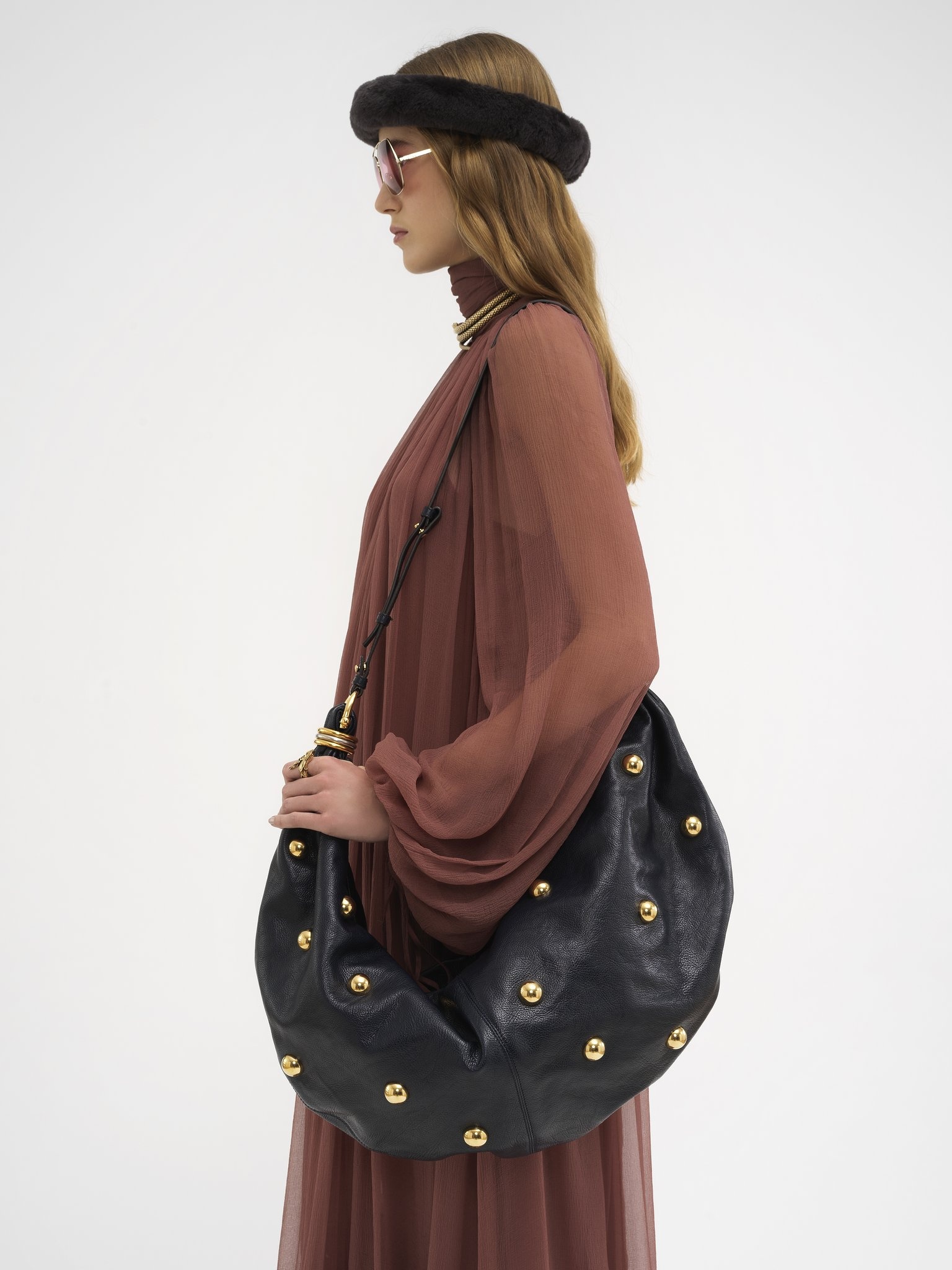 LARGE BRACELET HOBO BAG IN GRAINED LEATHER WITH STUDS - 8