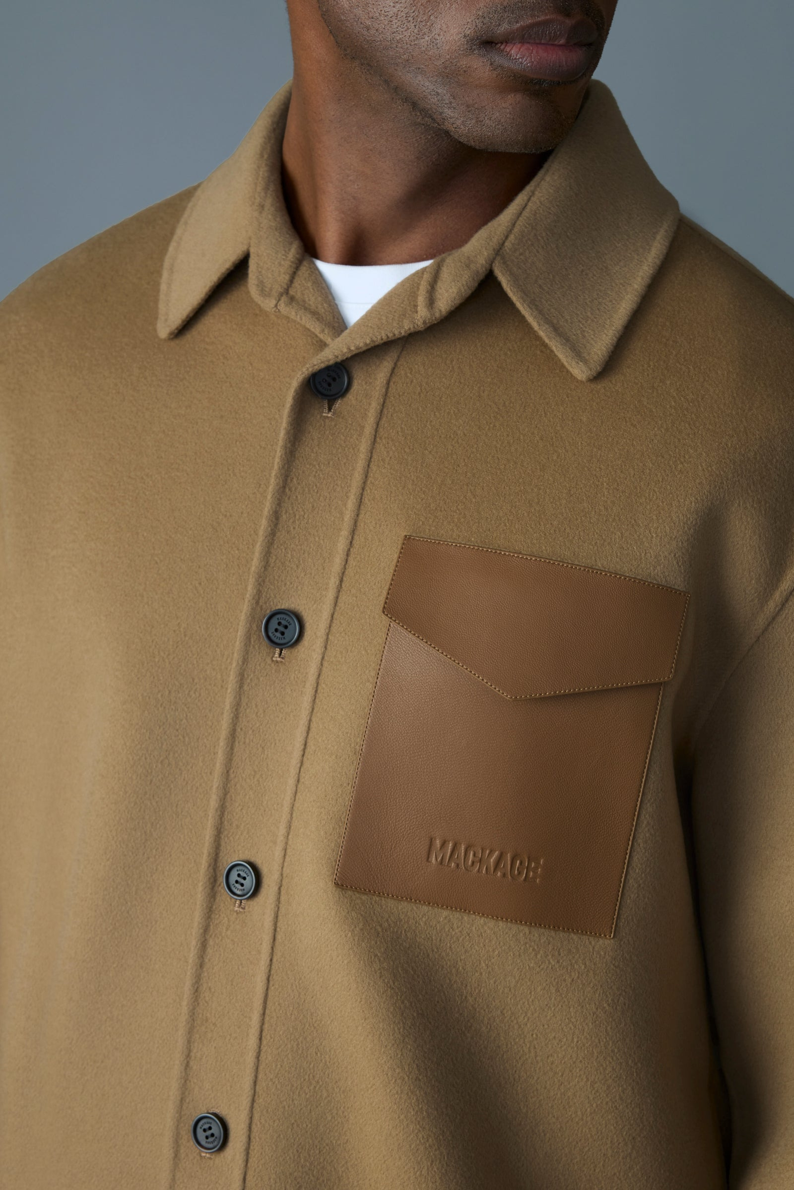 EMMANUEL Double-face wool overshirt with leather patch pocket - 6