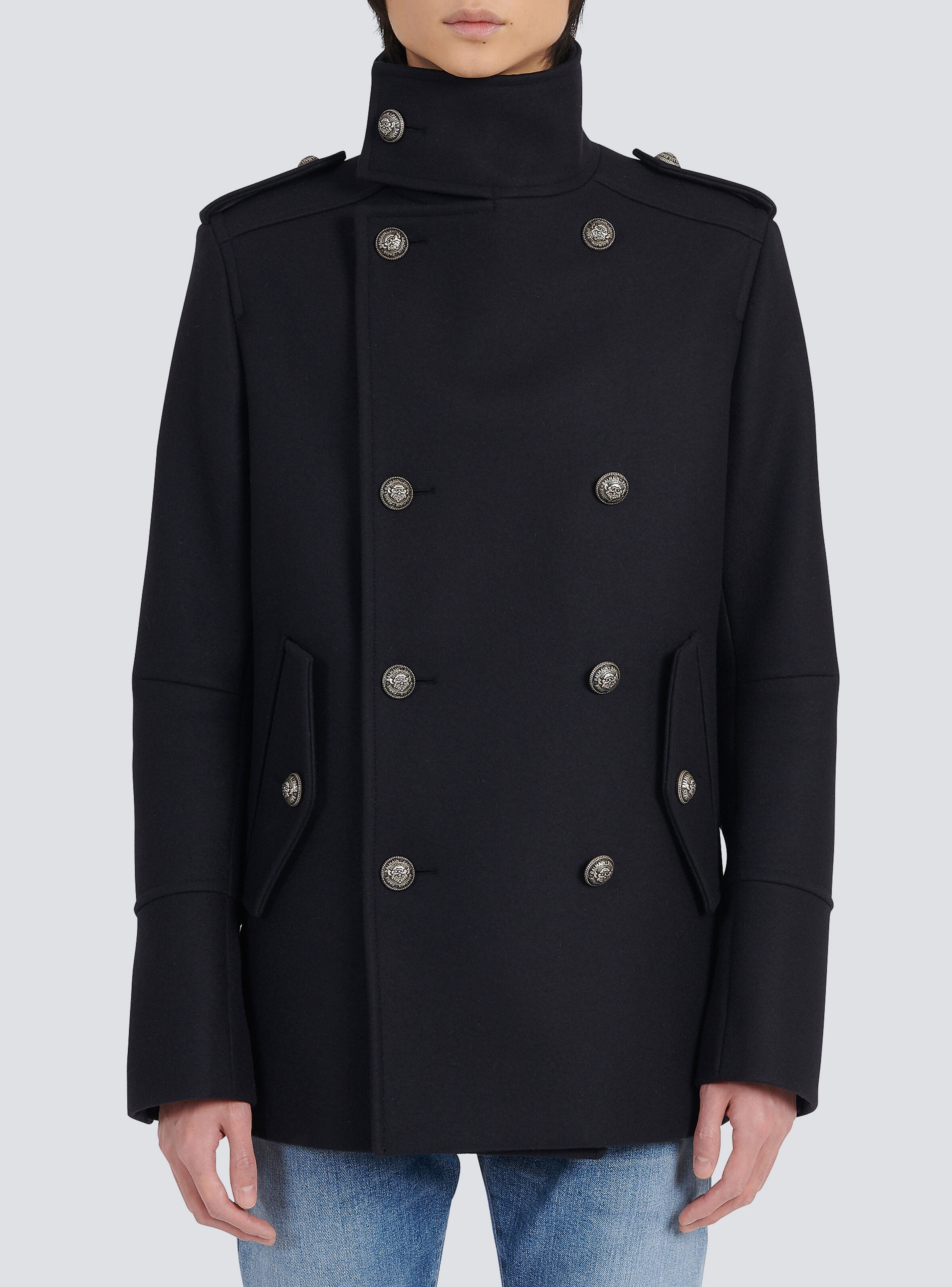 Wool military pea coat with double-breasted silver-tone buttoned fastening - 7