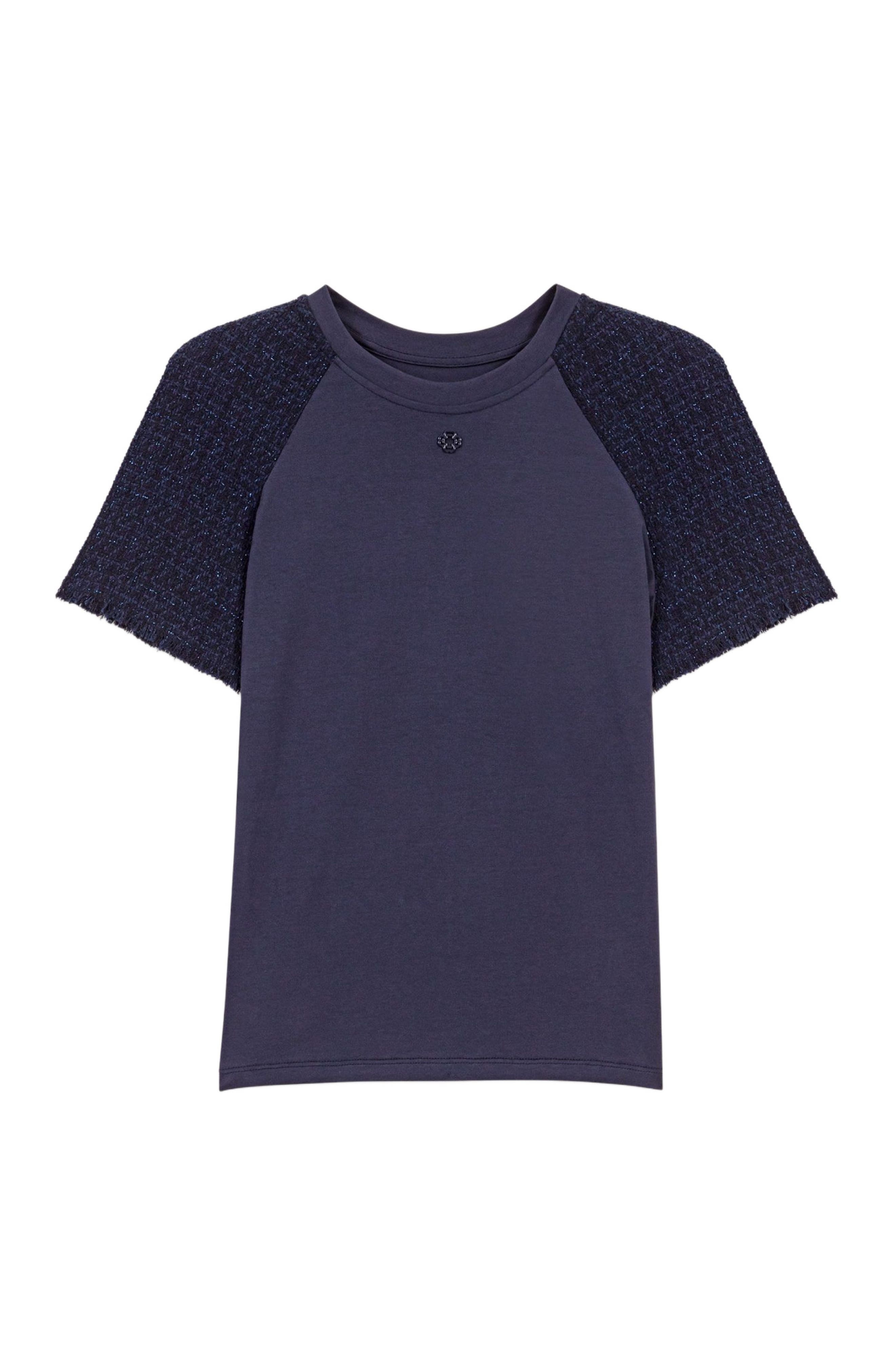 maje Tweed-sleeved T-shirt in Navy at Nordstrom - 6