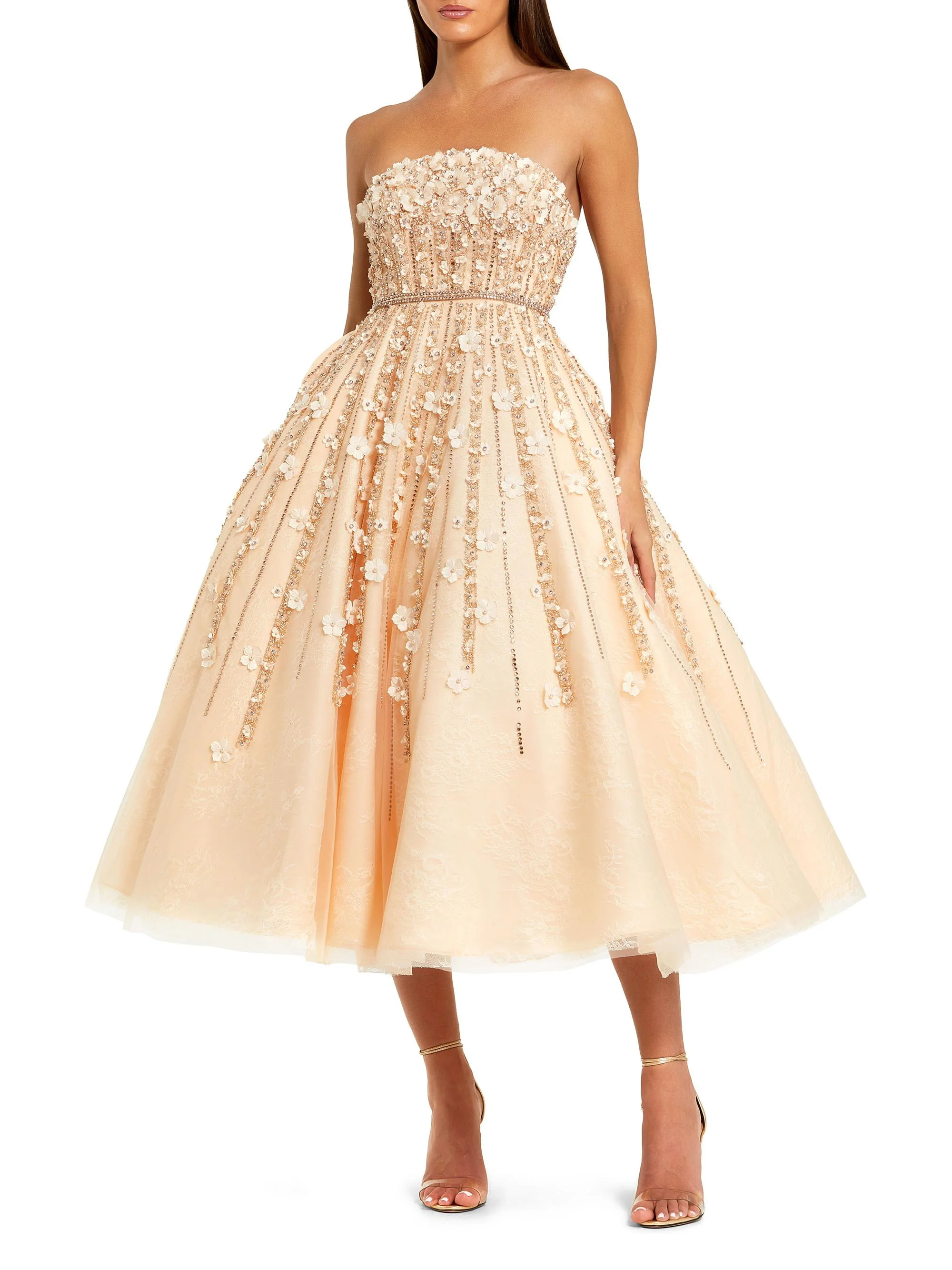 Women's Embellished Lace Strapless Midi Cocktail Dress - Champagne - 1