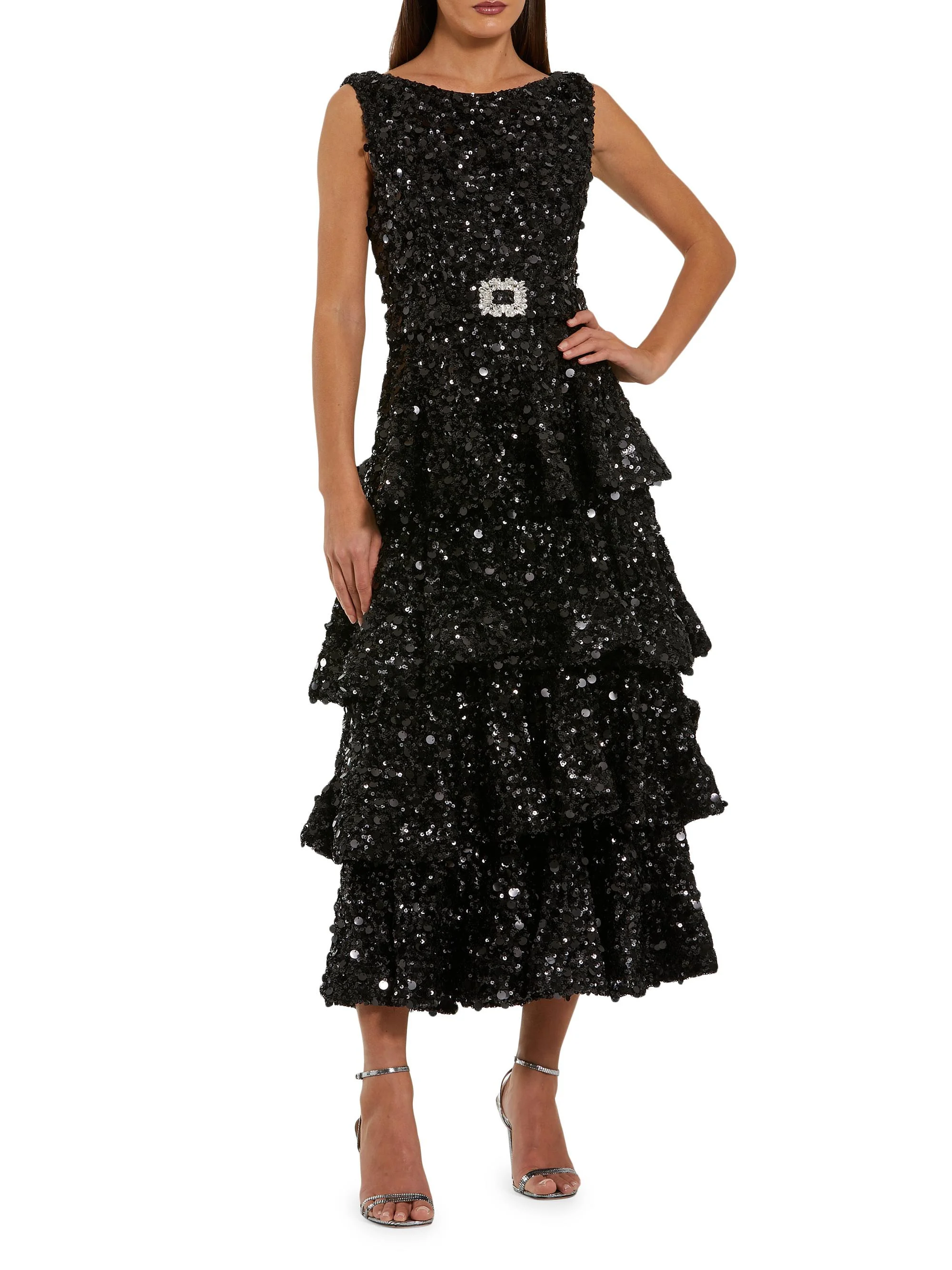 Women's Sequined Tiered Midi-Dress - Black - 1