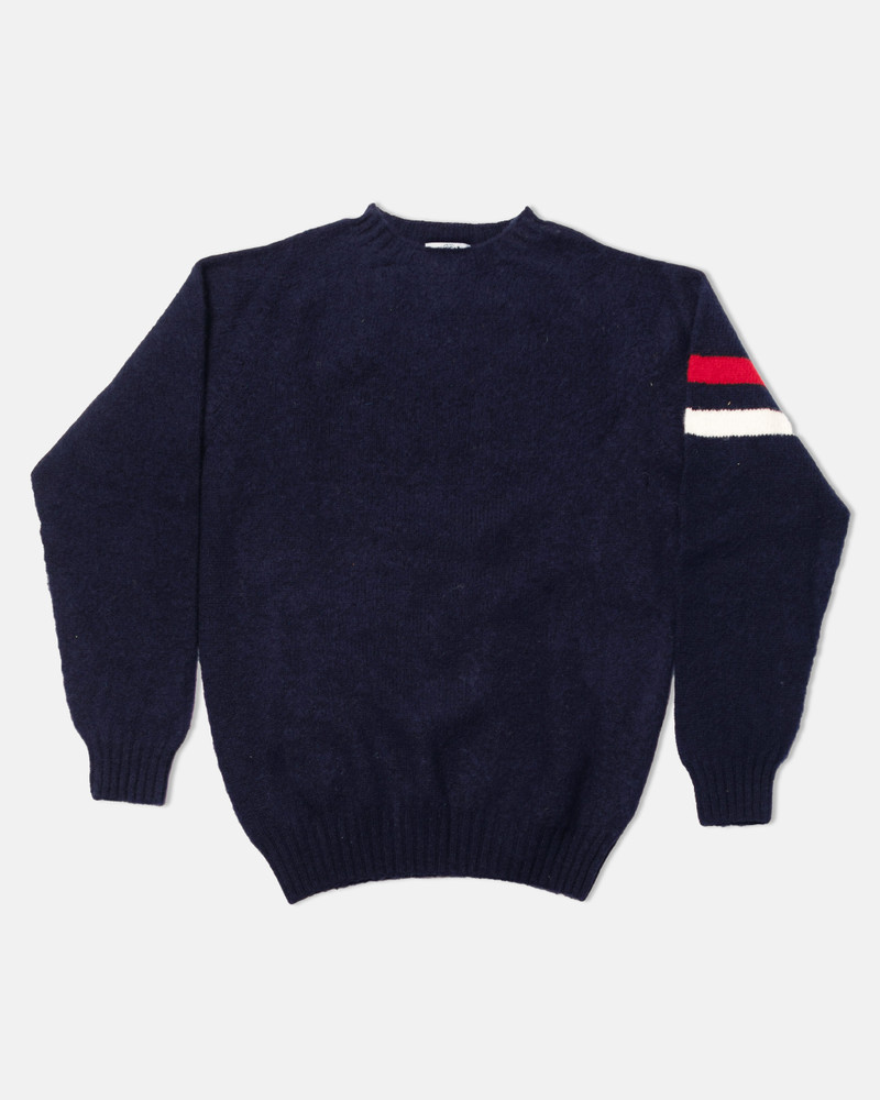 MADE-IN-SCOTLAND NAVY SLEEVE STRIPE SHAGGY DOG SWEATER  - TRIM FIT 1