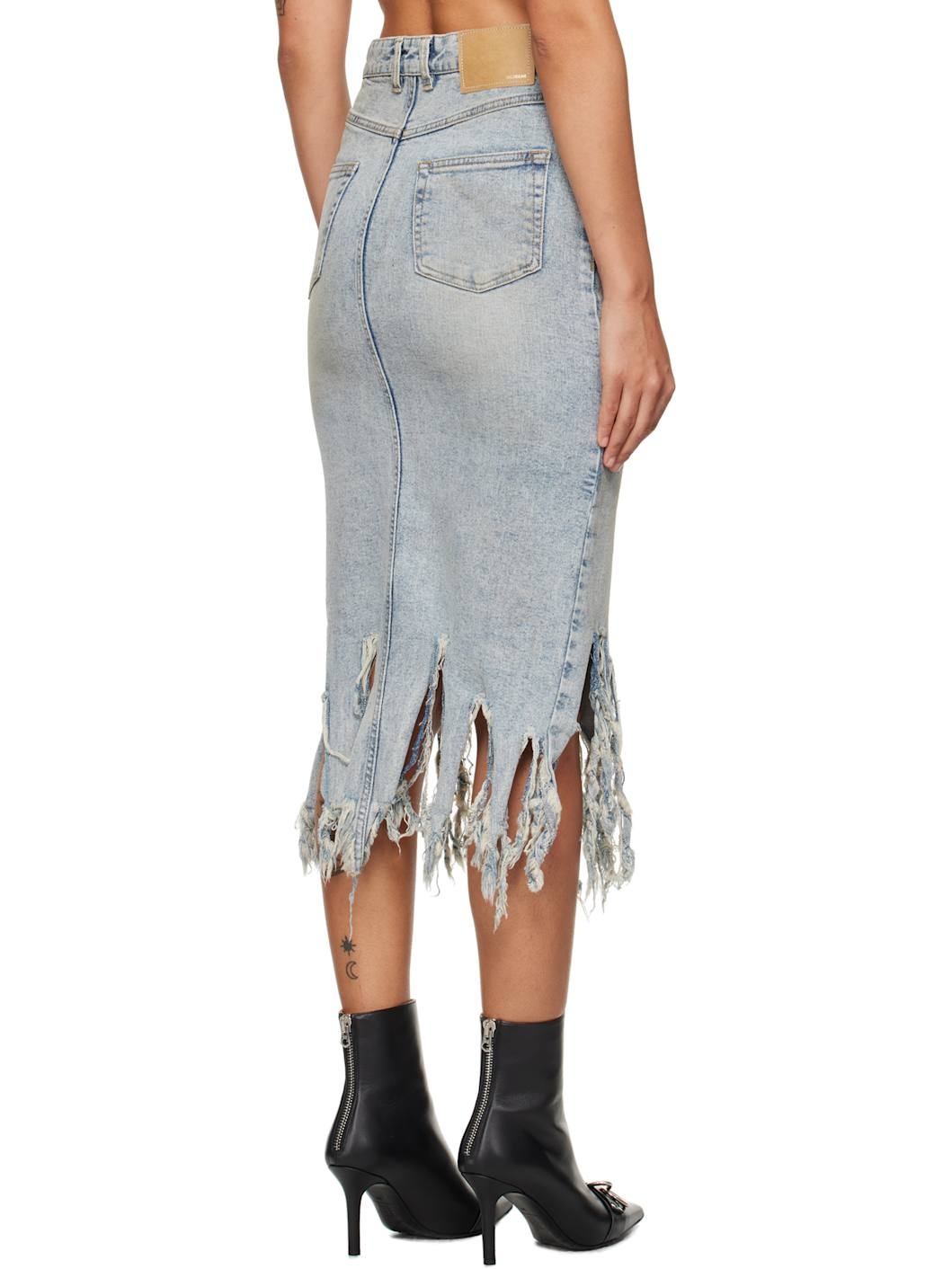 Blue Distressed Denim Midi Skirt - 3