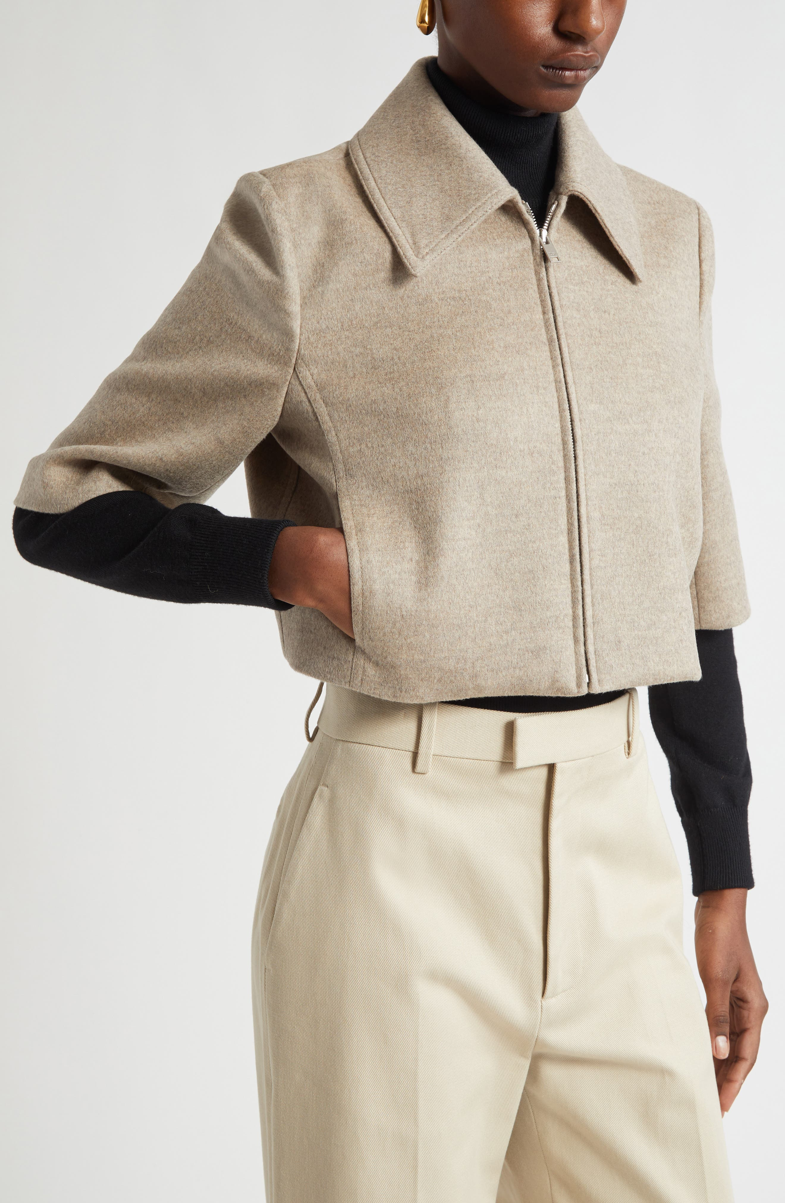 Bottega Veneta Wool & Cashmere Crop Jacket in 2783 Sandshell Melange at Nordstrom - 5