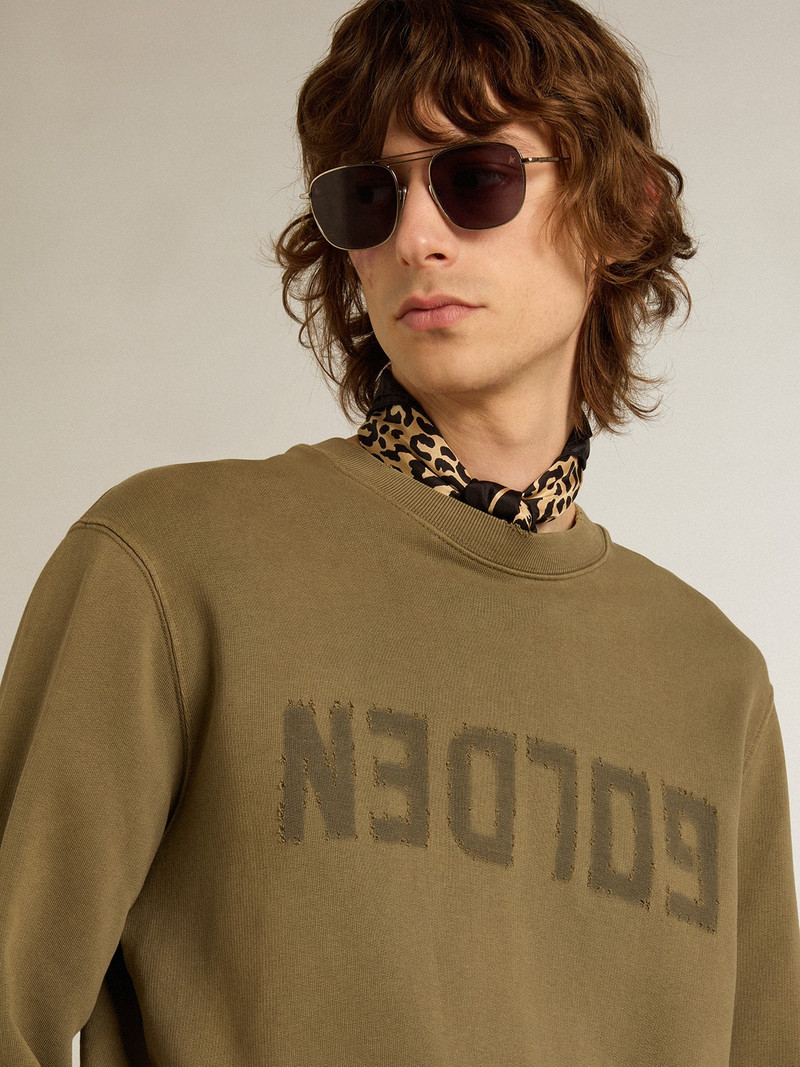 Golden Goose Olive-green Golden Collection sweatshirt with a distressed treatment and Golden lettering on the fro outlook