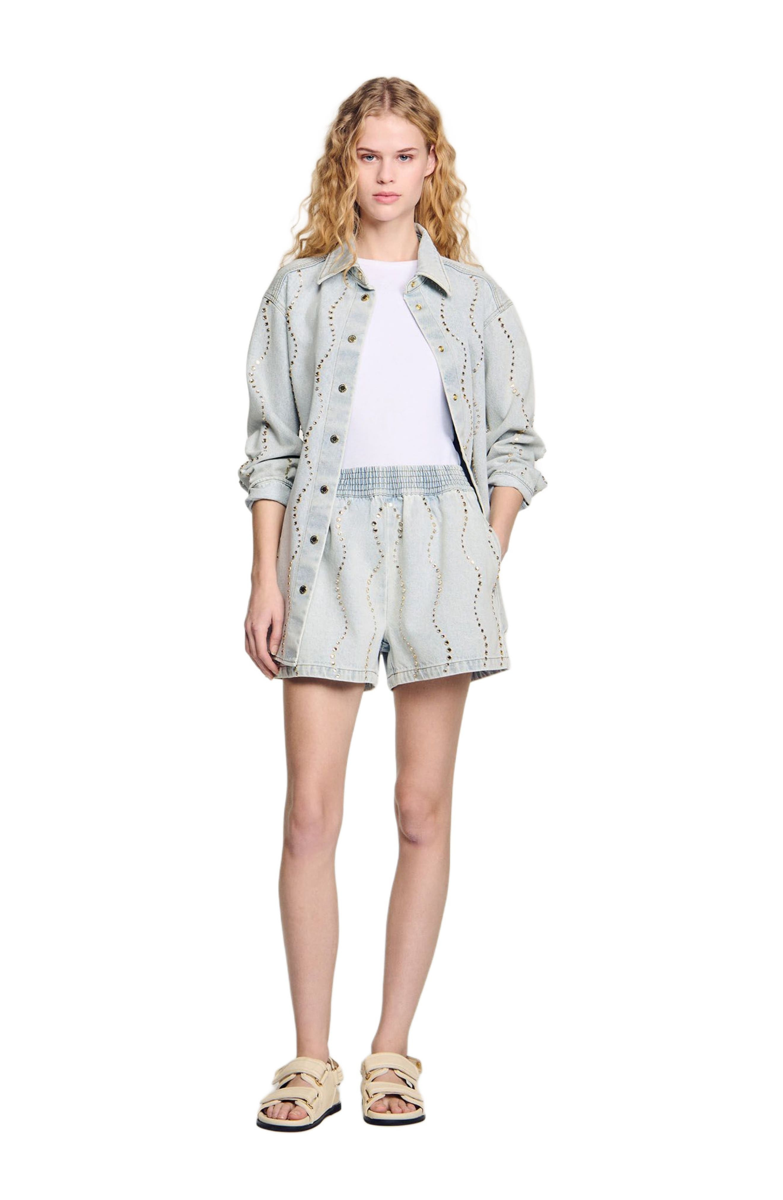 SANDRO Beaded and rhinestone denim shorts in Light Bu Jean at Nordstrom - 6