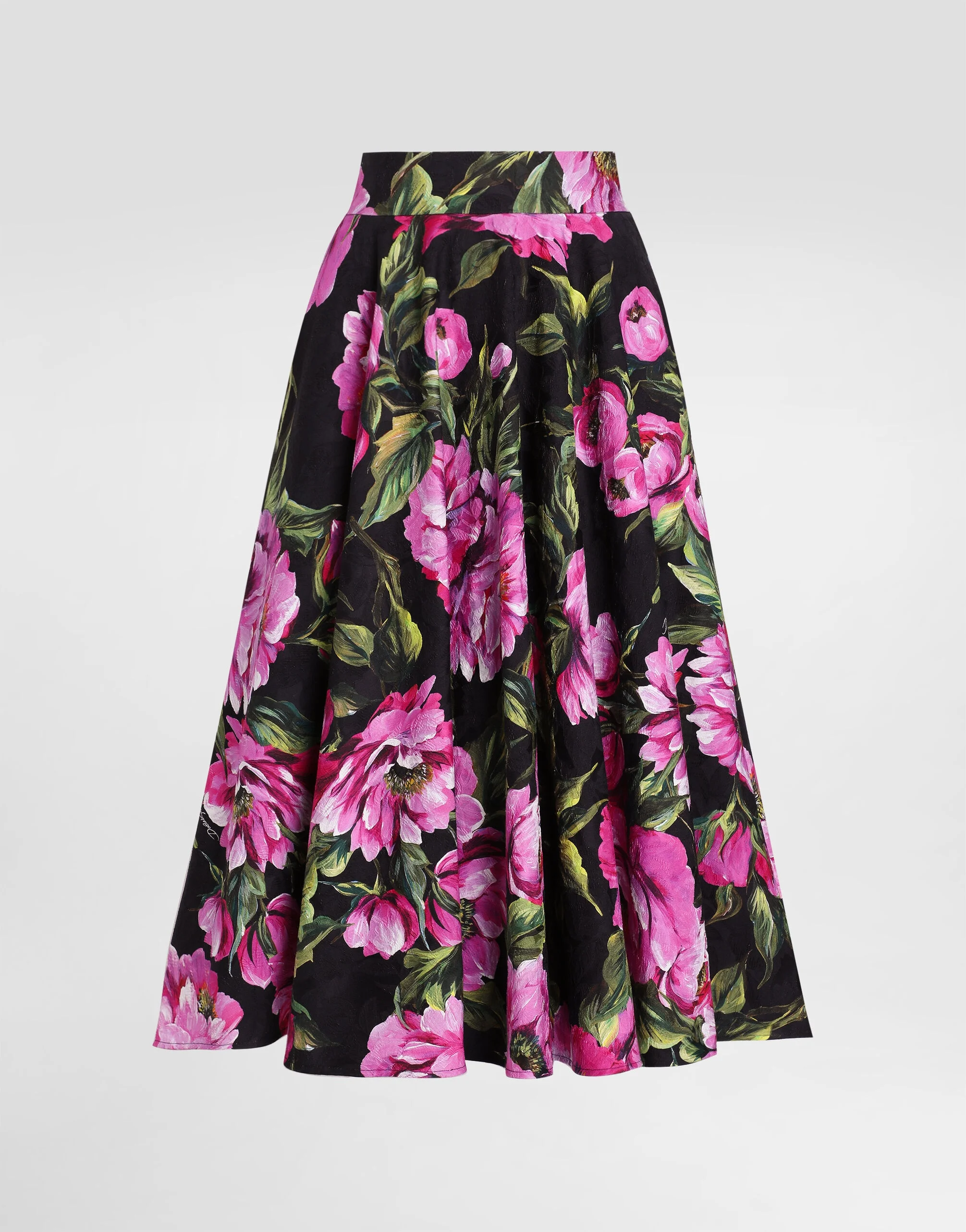 Cotton calf-length circle skirt with peony print - 1