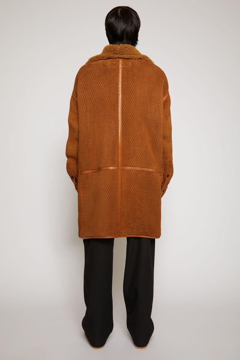 Laser-cut suede coat camel brown 4