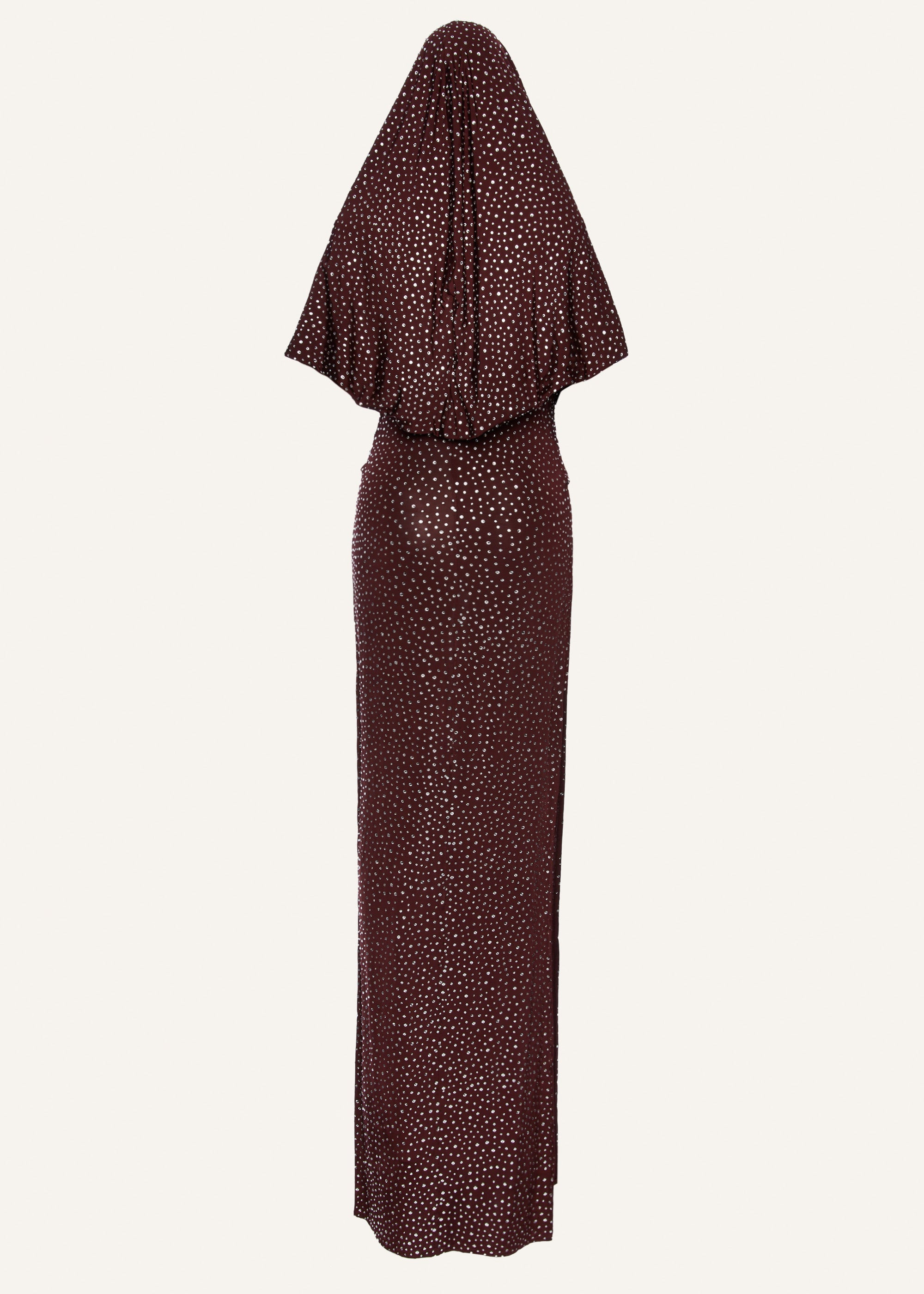 Hooded plunge maxi dress in bordeaux crystals - 2