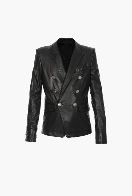 Black leather blazer with double-breasted buttoned fastening - 1