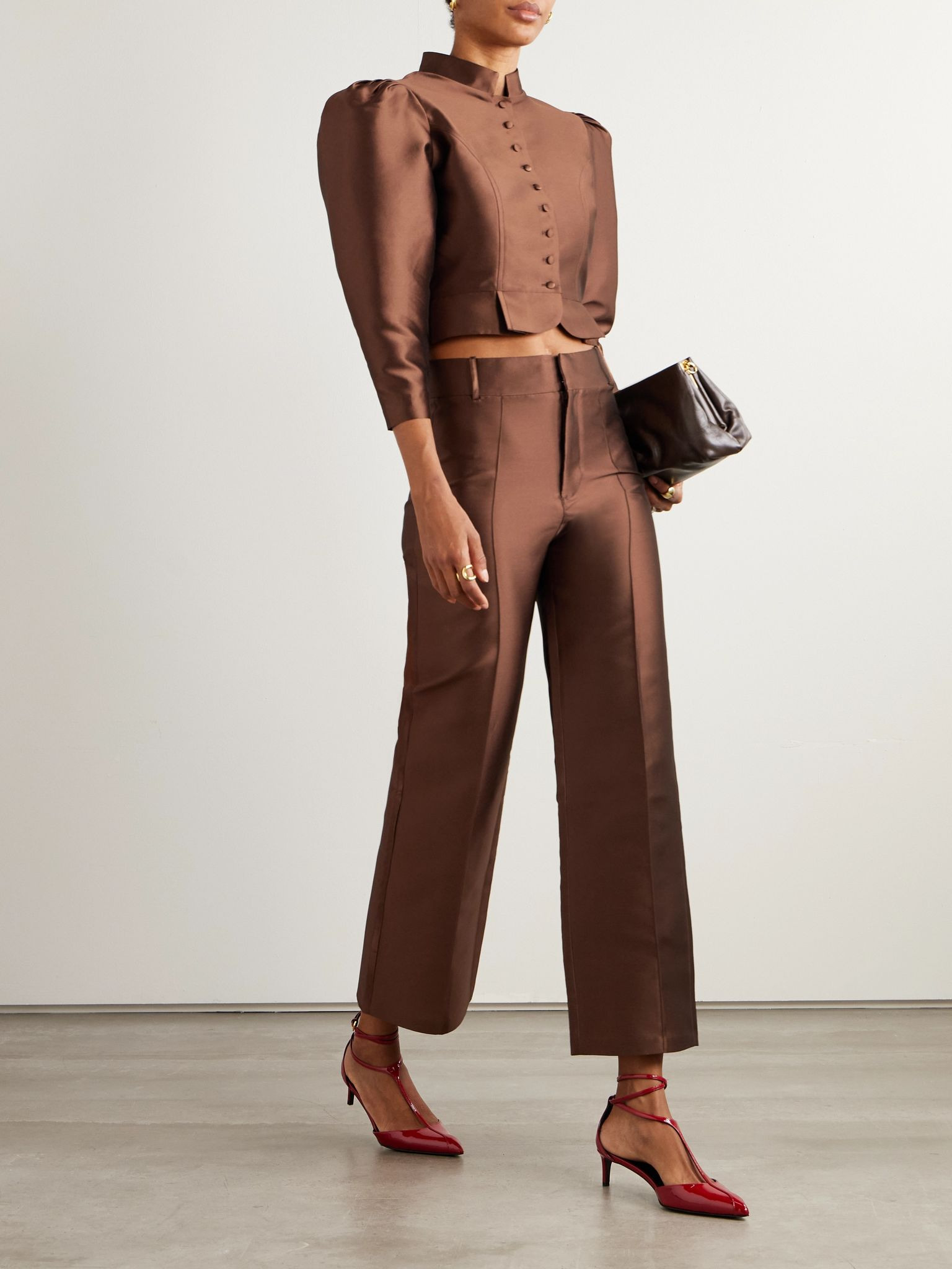 Yoshi cropped taffeta flared pants Dark brown - 2