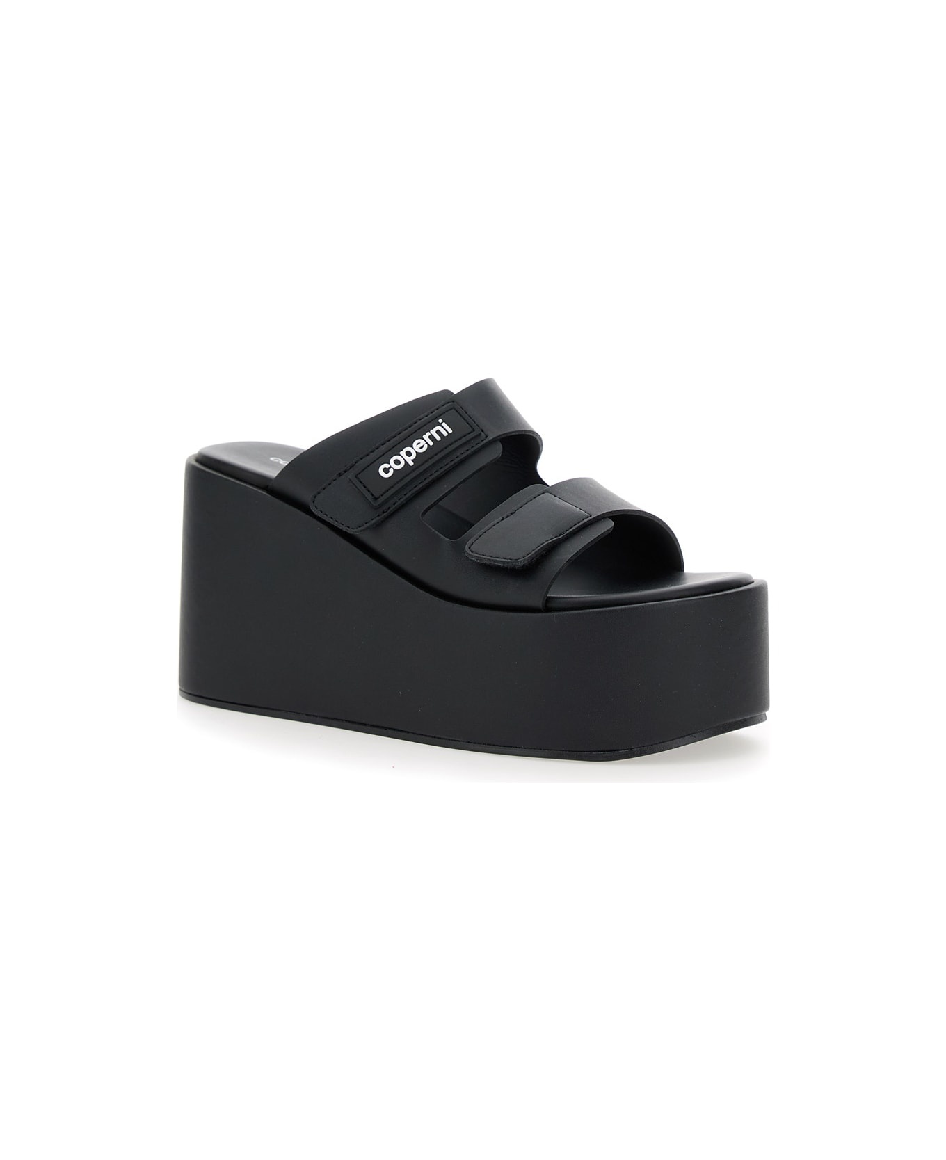 Black Wedges With Logo Patch On The Front And Touch-strap Closure In Leather Woman - 2