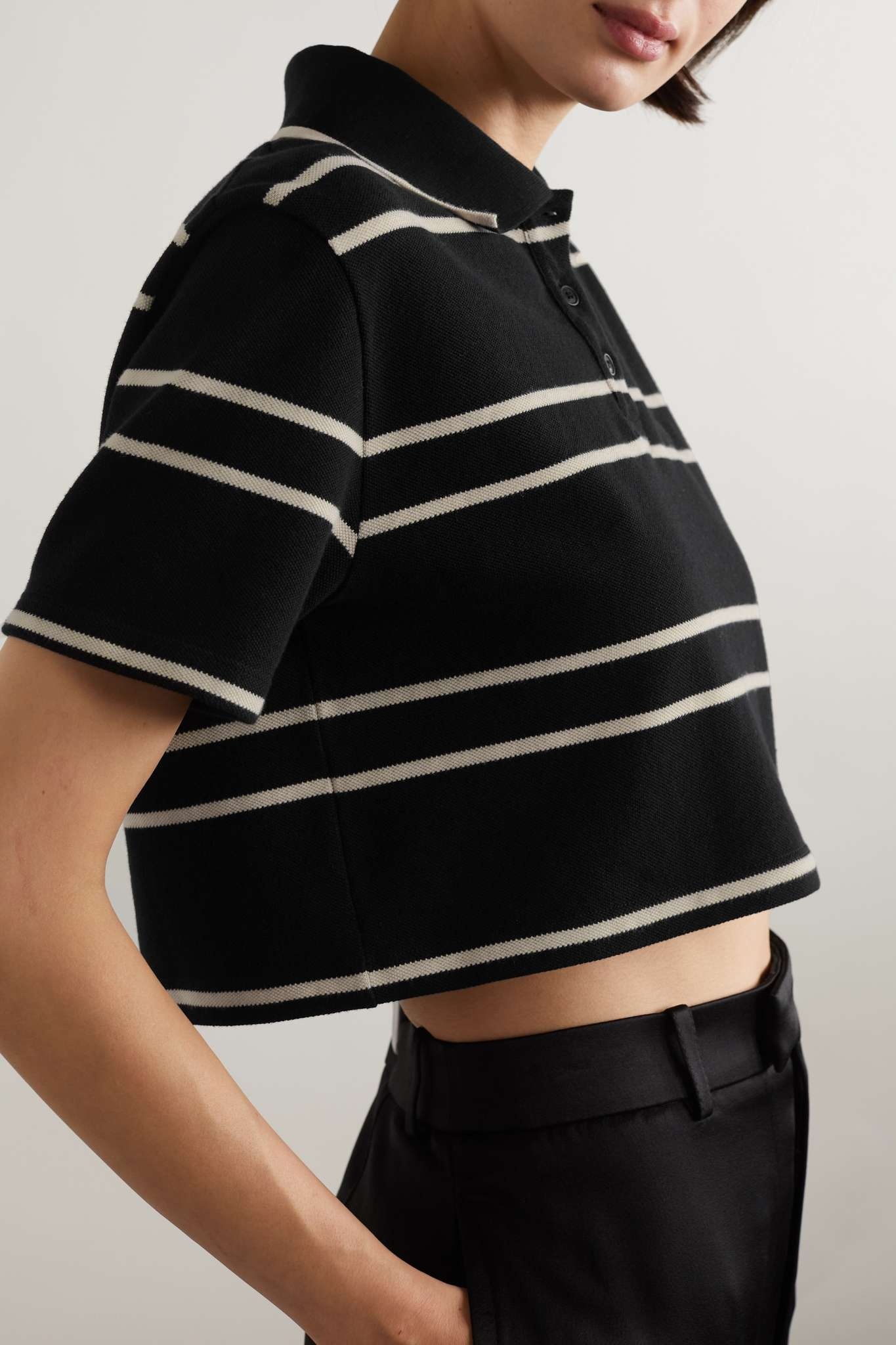 Striped cropped cotton-piqué polo shirt - 3