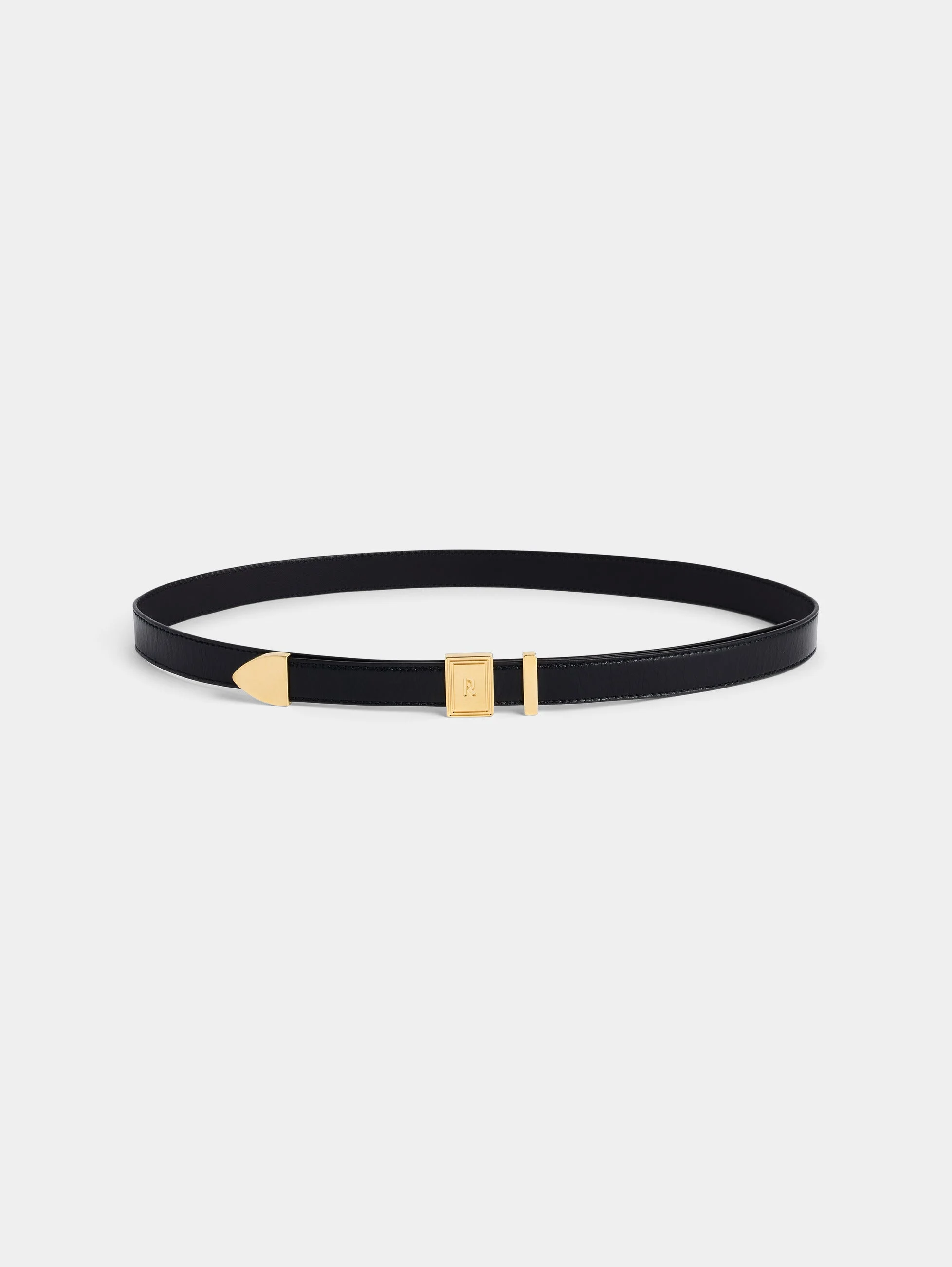 BLACK LEATHER BELT WITH A RECTANGULAR GOLD BUCKLE - 1
