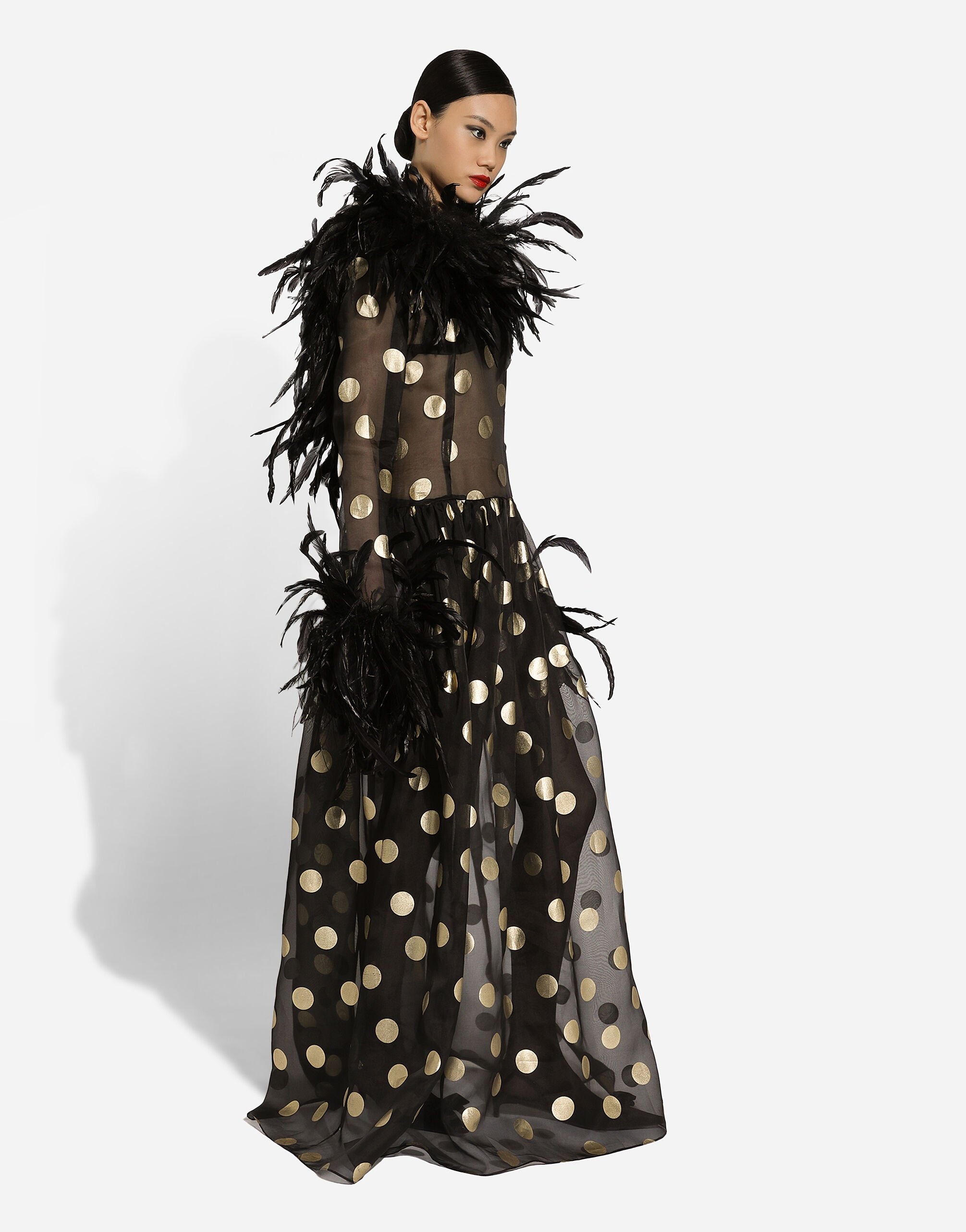 Long polka-dot silk organza dress with feathered details - 9