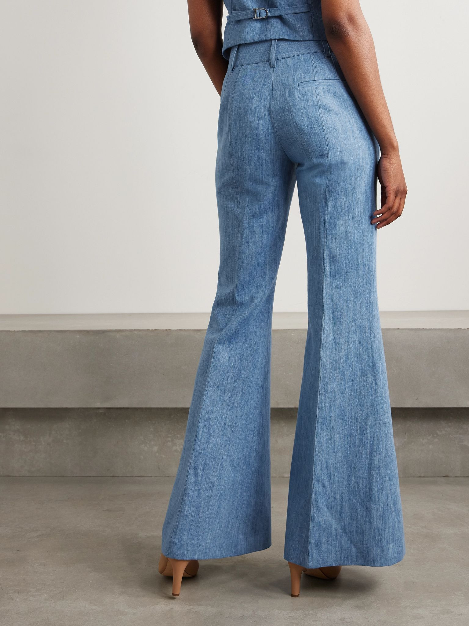 Rhein cotton and linen-blend chambray flared pants Light blue - 4