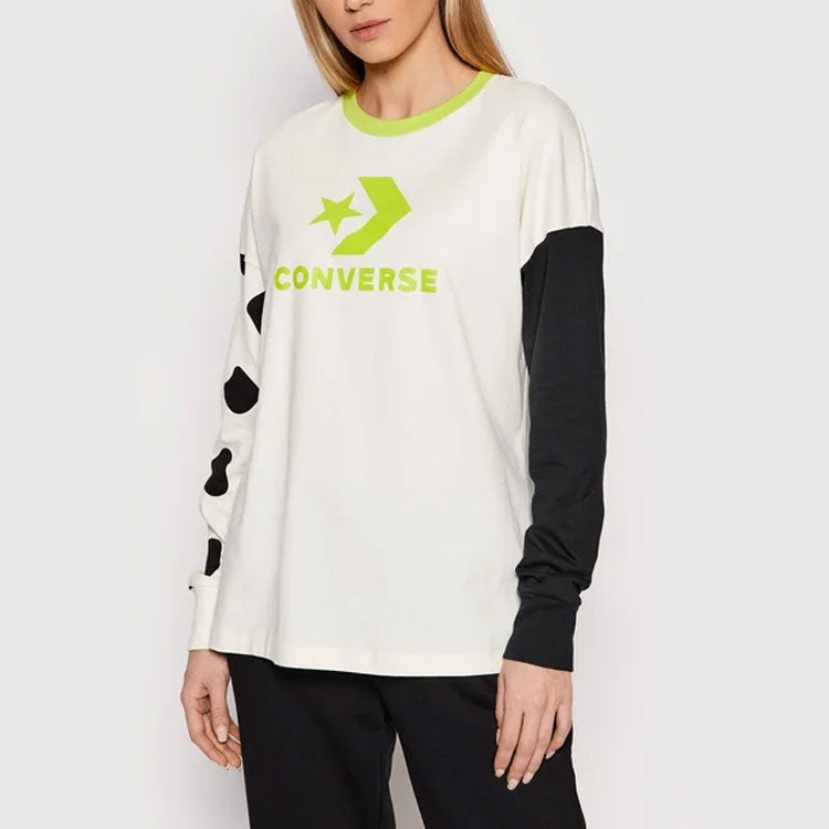 (WMNS) Converse Large Logo Printing Splicing Contrasting Colors Loose Round Neck Long Sleeves White  - 4