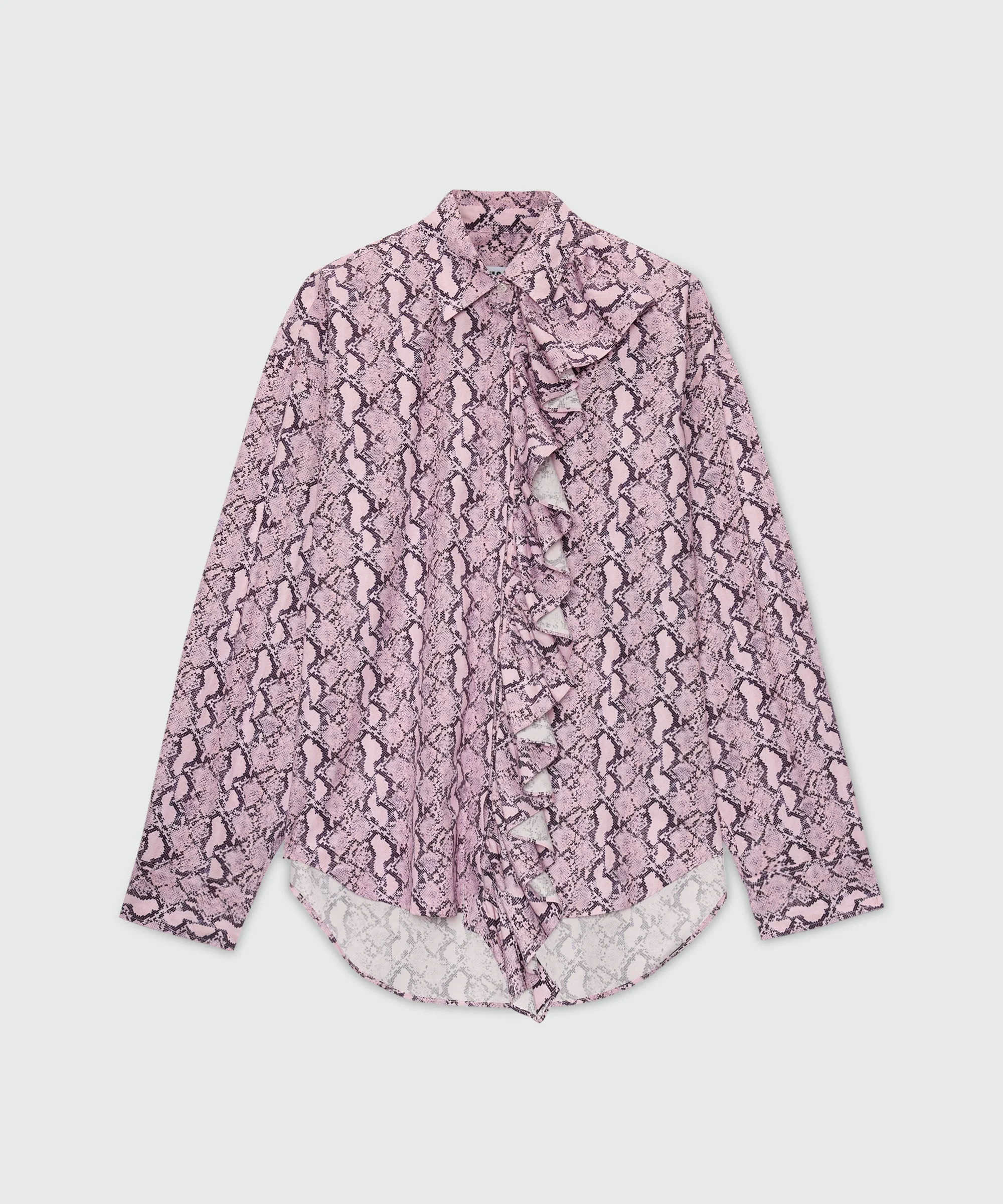 Pink python print poplin shirt with ruffle. - 1