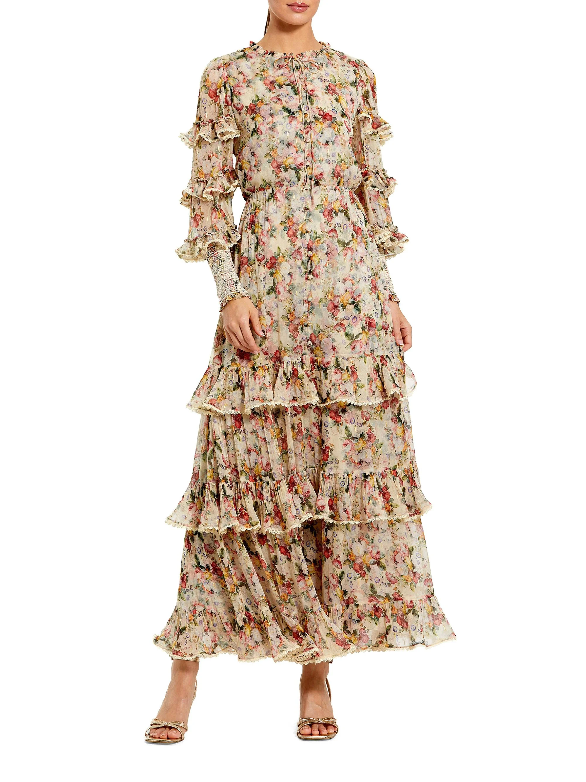 Women's Cocktail Floral Ruffled Long-Sleeve Maxi Dress - Yellow Multi - 1