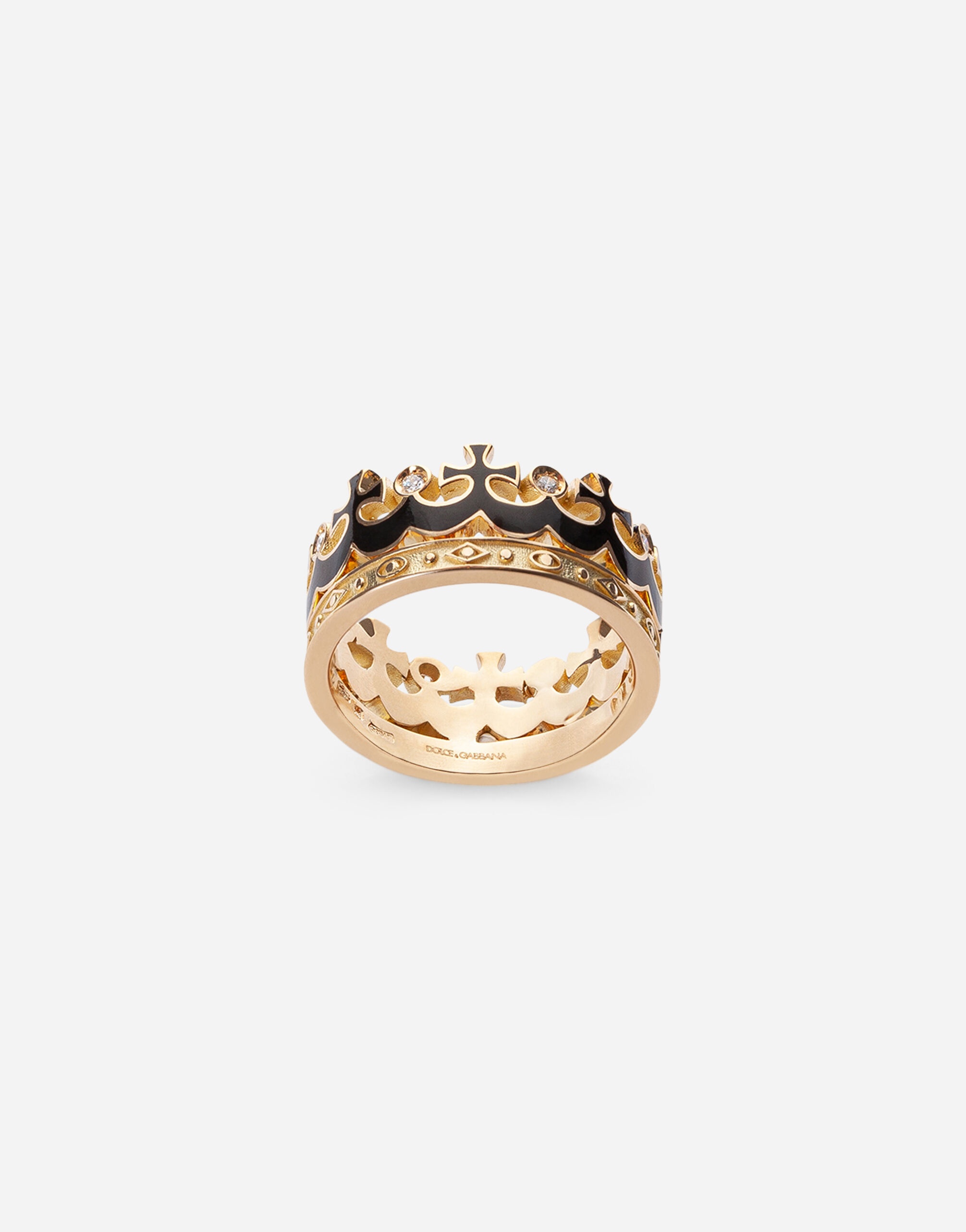 Crown yellow gold ring with black enamel crown and diamonds - 1