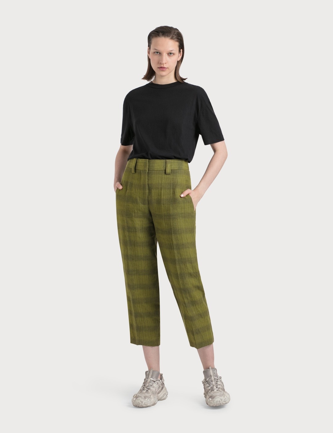 CHECKED LINEN-BLEND TROUSERS - 1