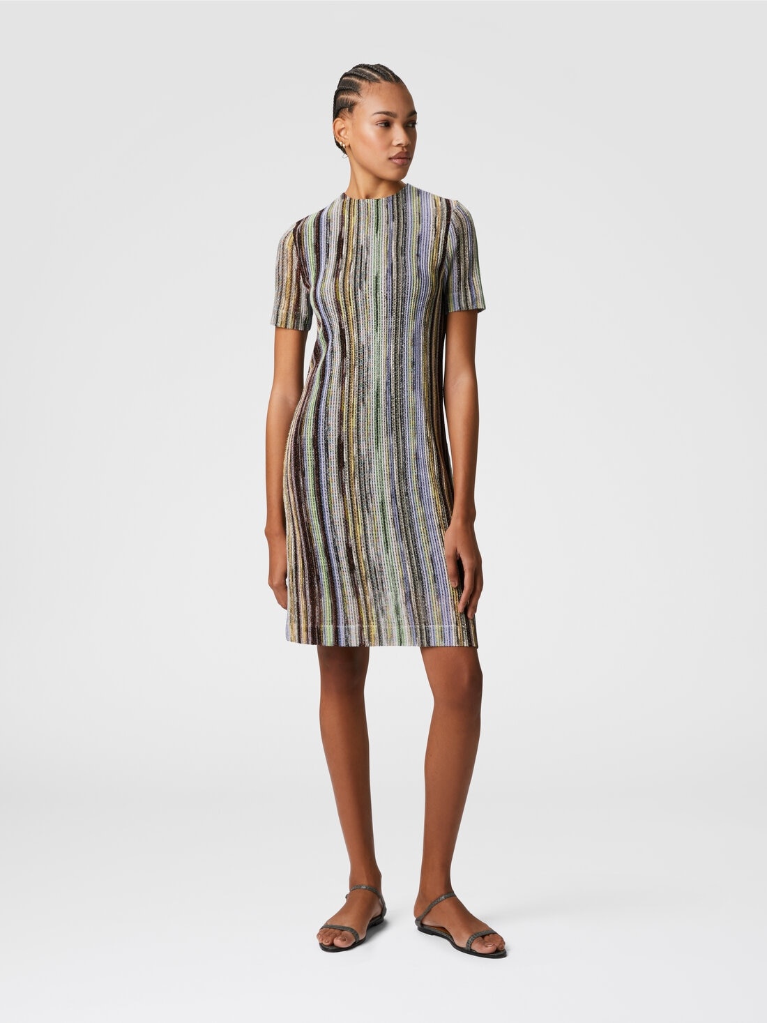 Short-sleeved mini-dress in striped lamé slub viscose - 2