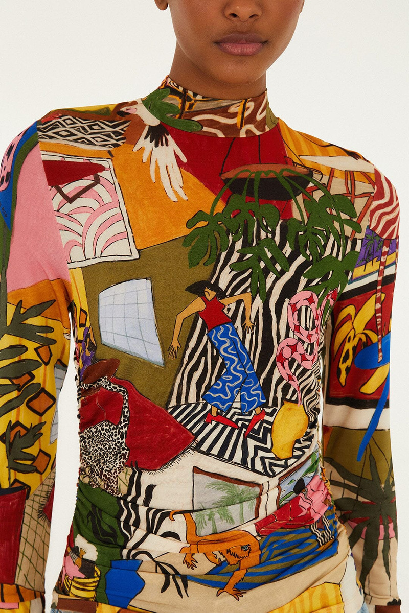 FARM RIO Multicolor Tropical Long Sleeve Turtleneck Blouse outlook