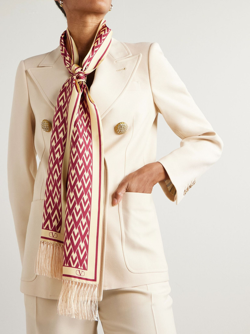 Valentino Toute La V fringed printed silk-twill scarf Red outlook