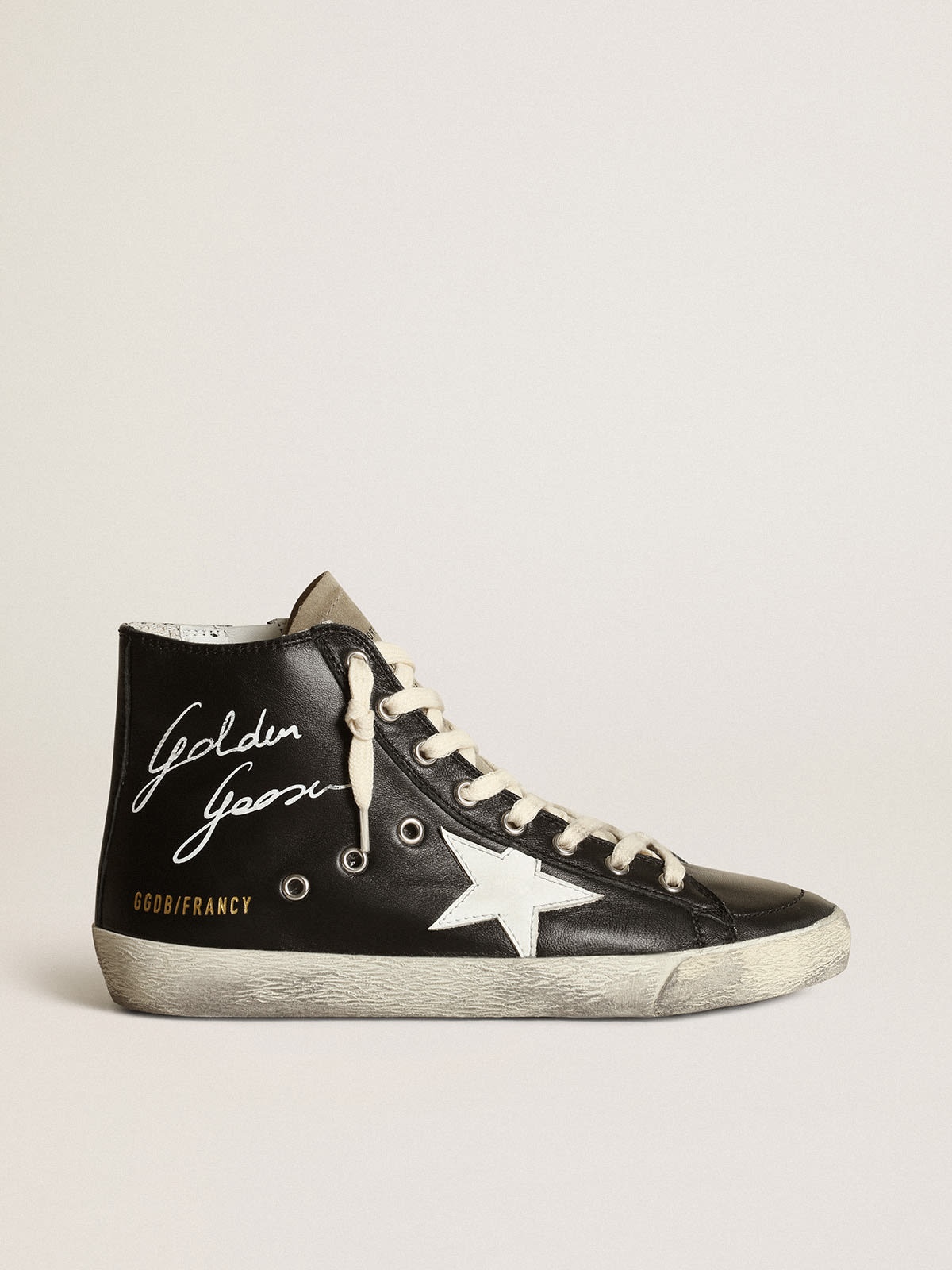 Francy sneakers in black nappa leather with white leather star and dove-gray suede tongue - 1