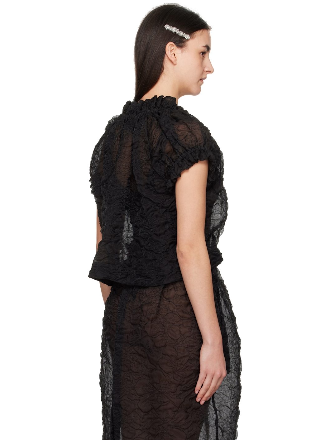 Black Elasticated Gathered Ruffle Tulip Blouse - 3
