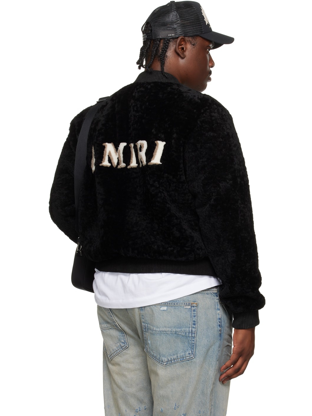 Black Zip Front Shearling Bomber Jacket - 3