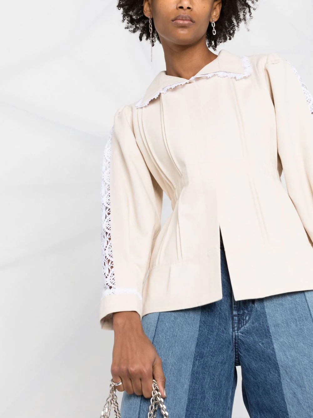 lace-trim pleat-detail fitted jacket - 5