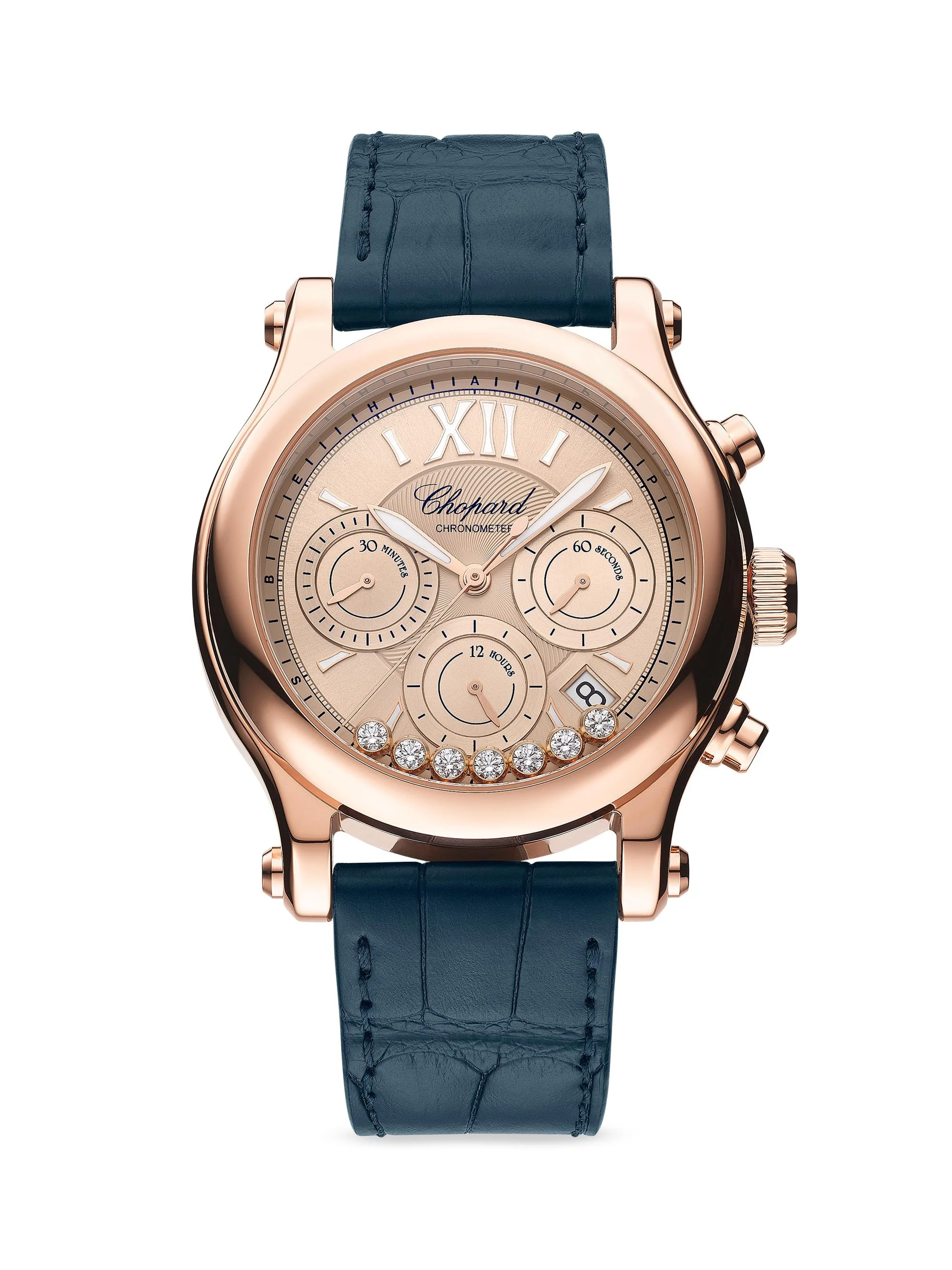 Women's Happy Sport 18K Rose Gold, Diamond, & Alligator Leather Chronograph Watch - Blue - 1