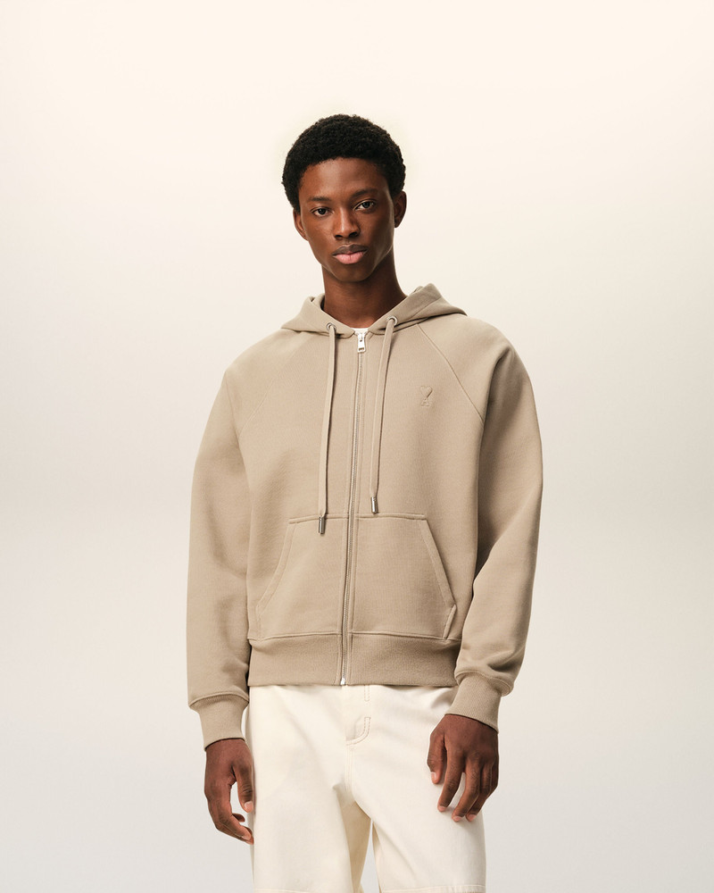 AMI Paris BEIGE COTTON EMBOSSED AMI DE COEUR ZIPPED HOODIE outlook