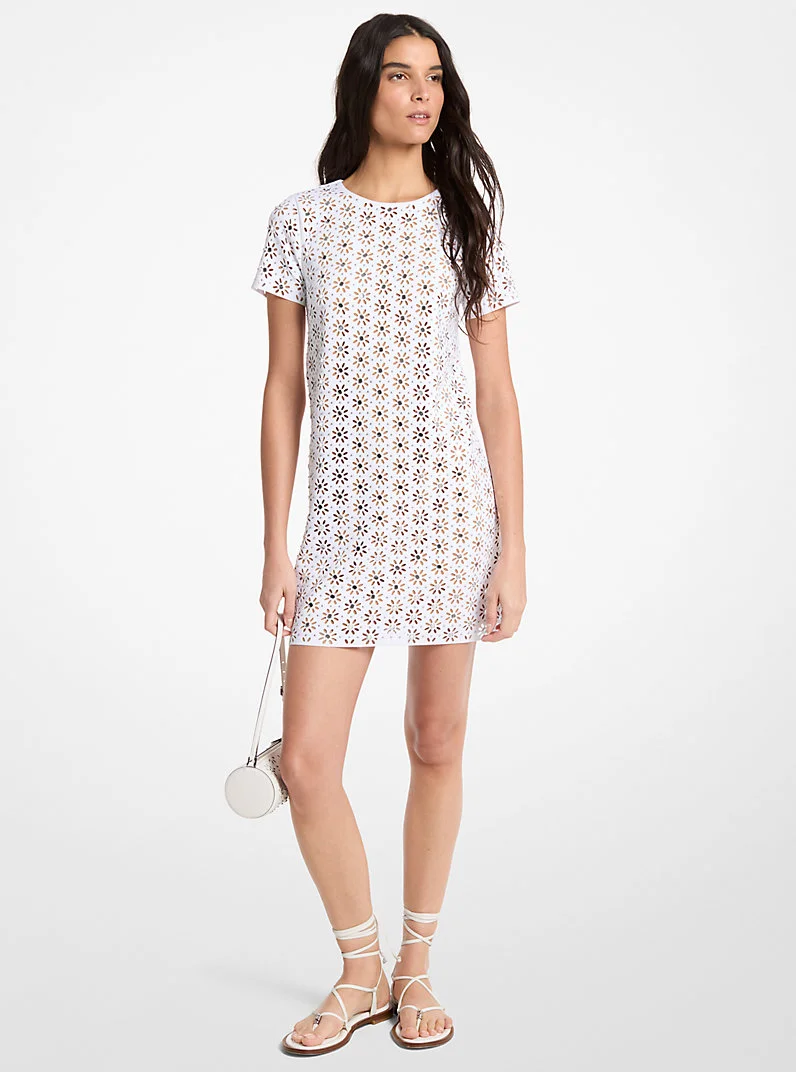 Mirror-Embellished Floral Laser-Cut Scuba Dress - 1