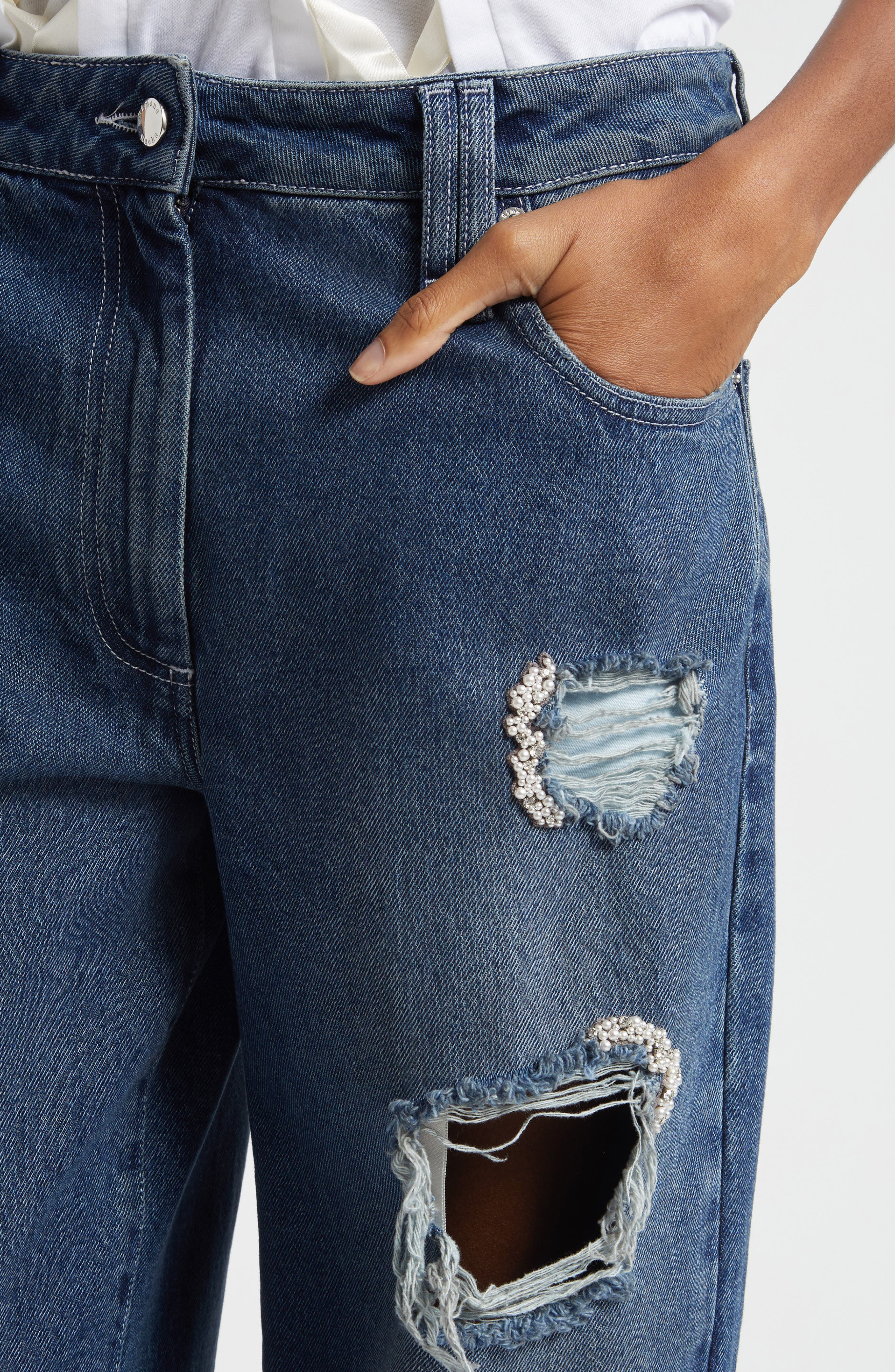 Simone Rocha Embellished Distressed Straight Leg Jeans in Distressed Blue/Pearl/Clear at Nordstrom - 5