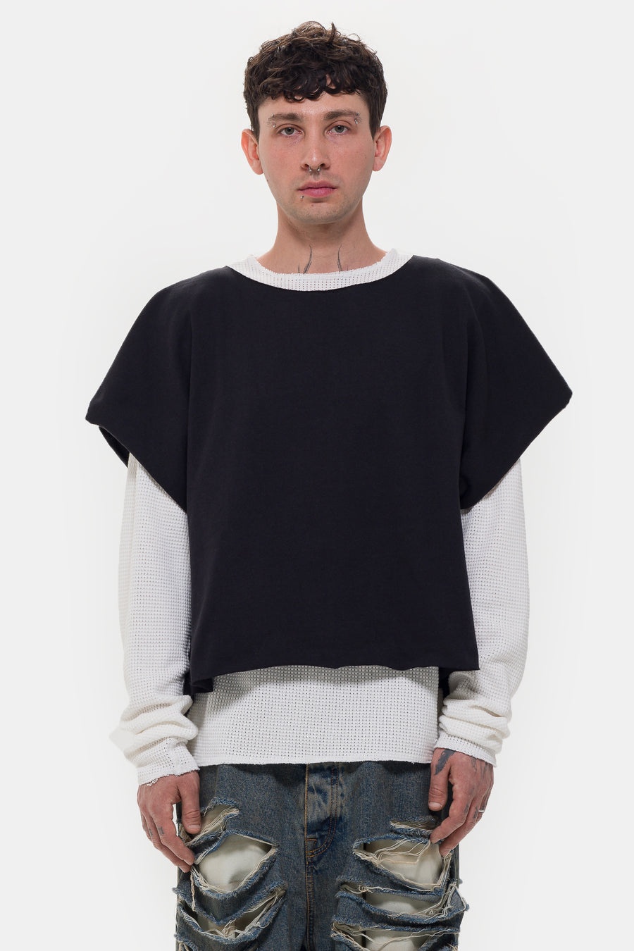 Double Layer Distressed T-Shirt in Black Washed - 1
