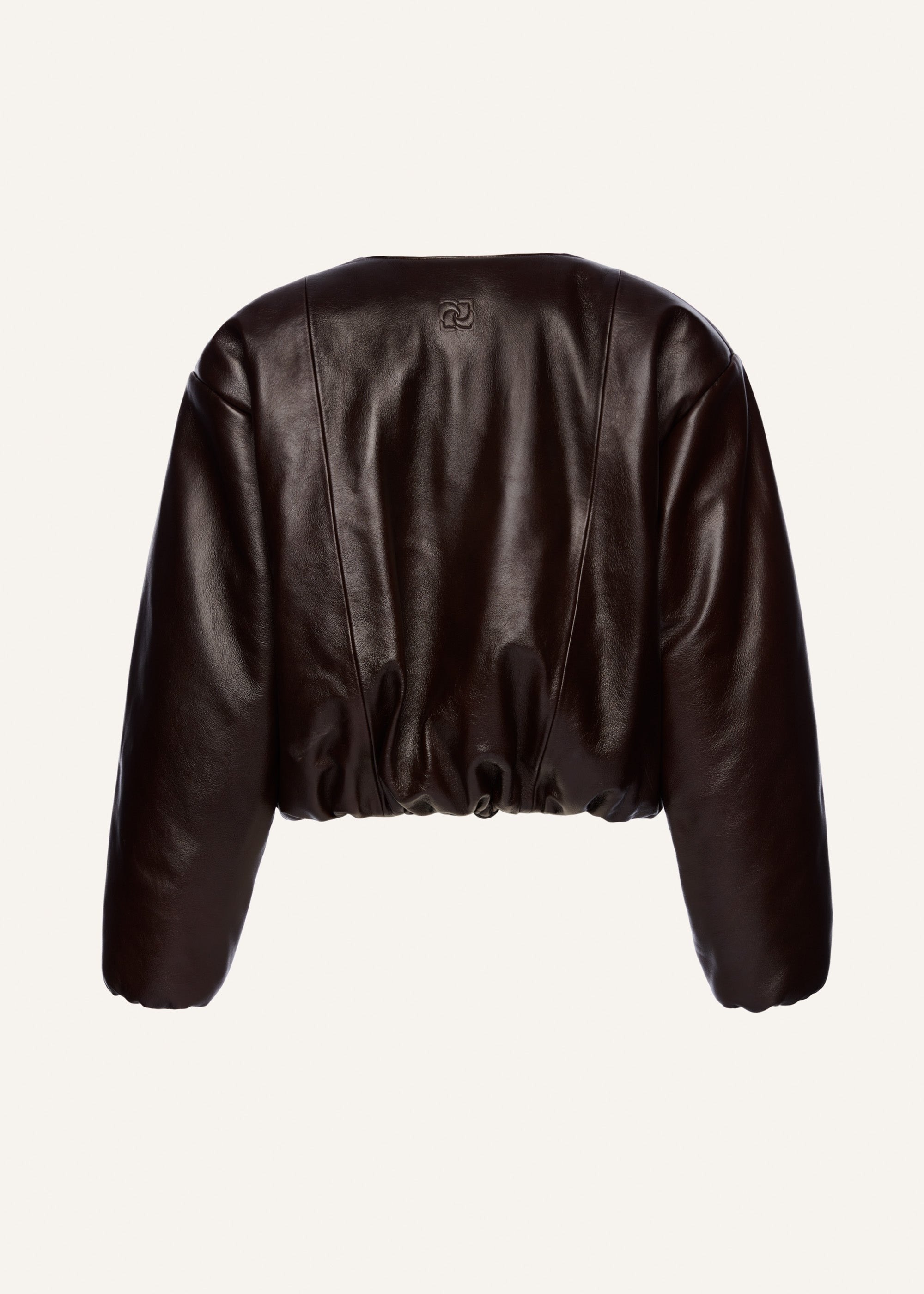 Collarless leather puffer jacket in burgundy - 2