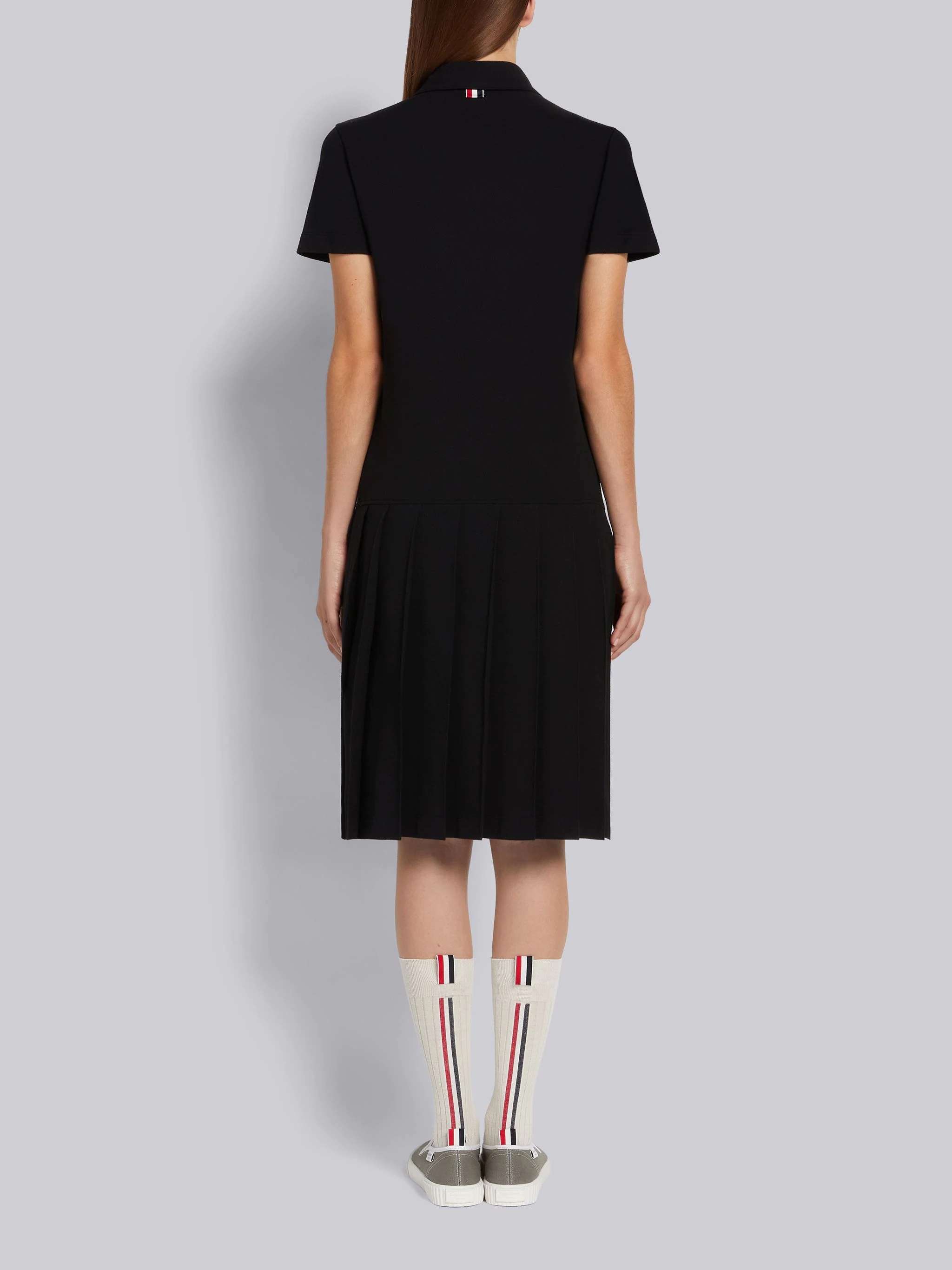 Black Classic Pique Short Sleeve Knee Length Pleated Polo Dress - 3