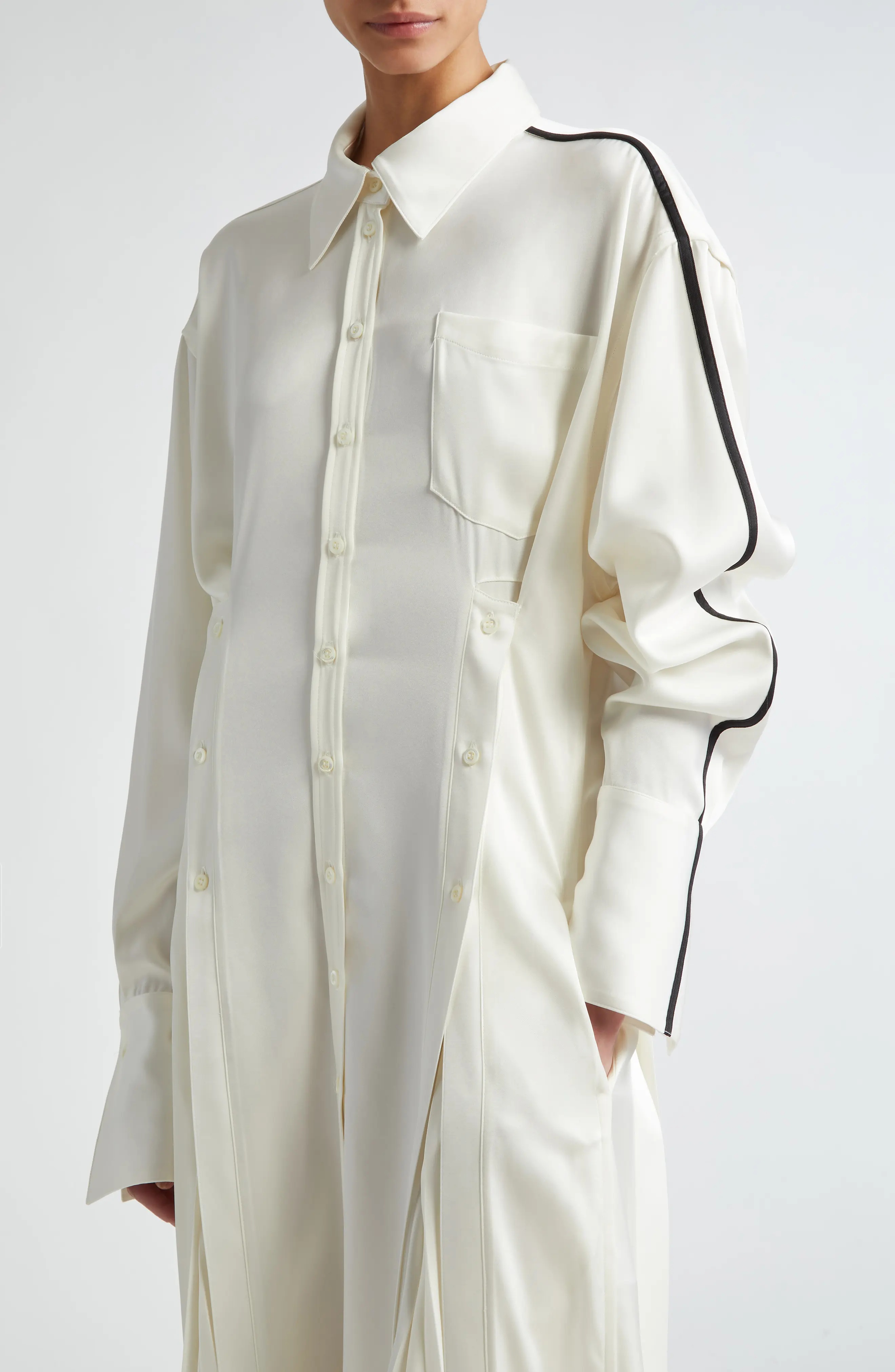 Pleated Long Sleeve Satin Shirtdress - 4