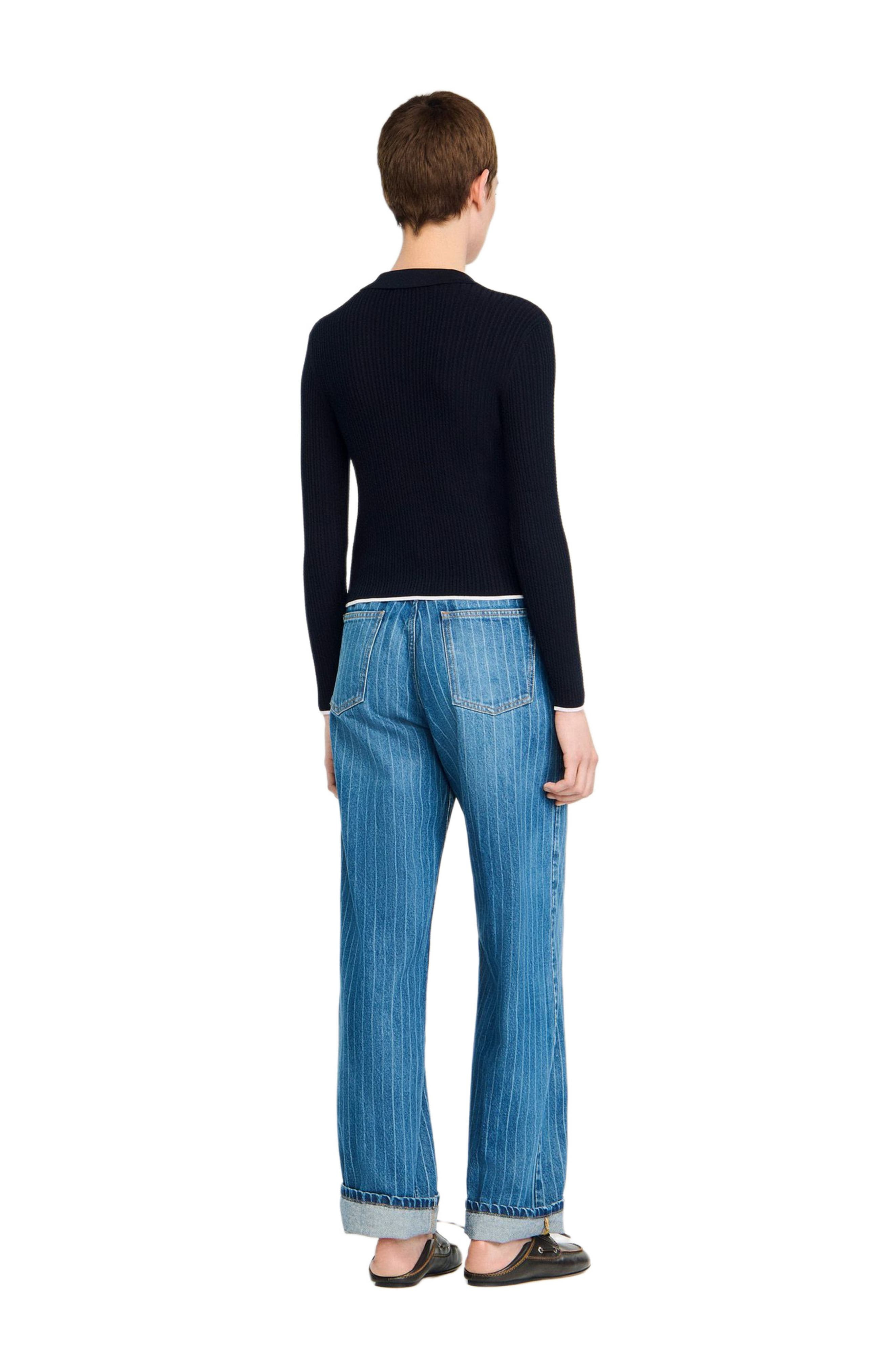SANDRO Cropped polo collar cardigan in Navy Blue at Nordstrom - 3