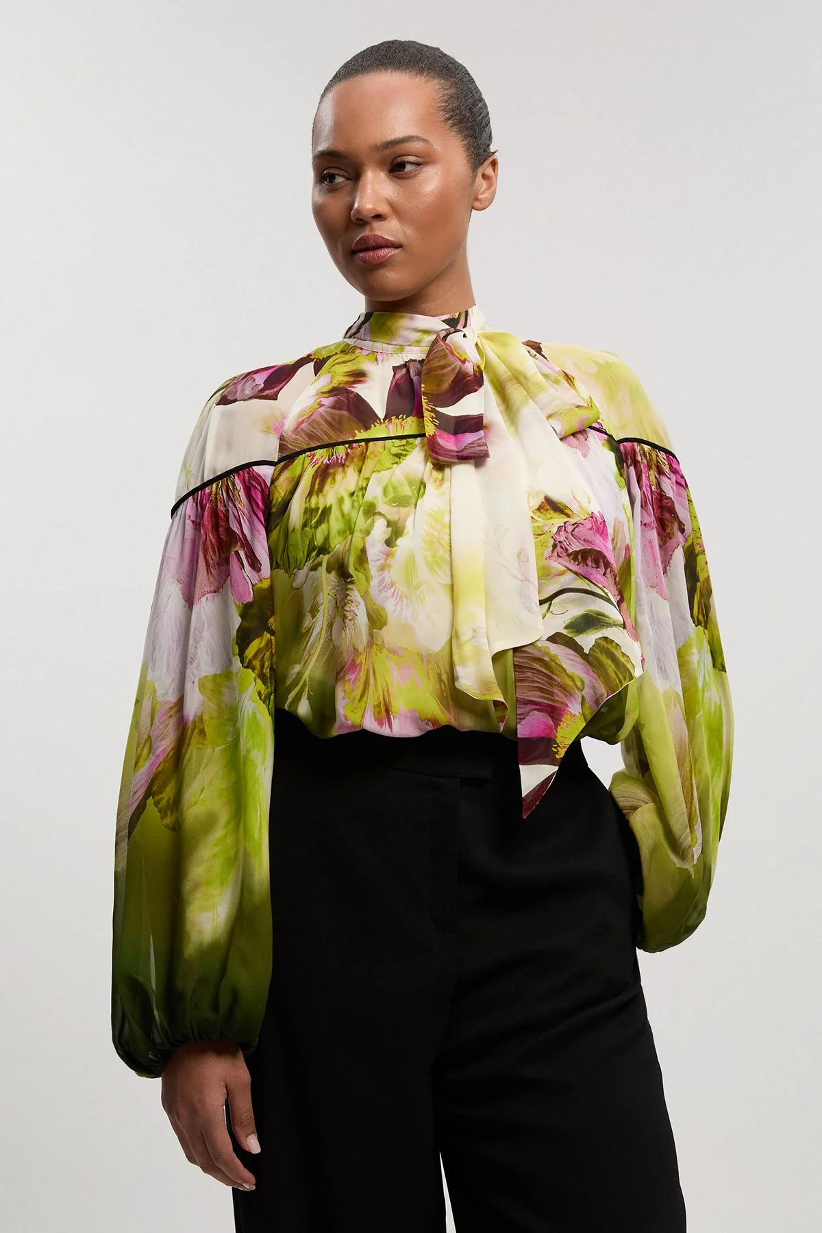 Plus Size Viscose Floral Print Woven Tie Neck Blouse - 1