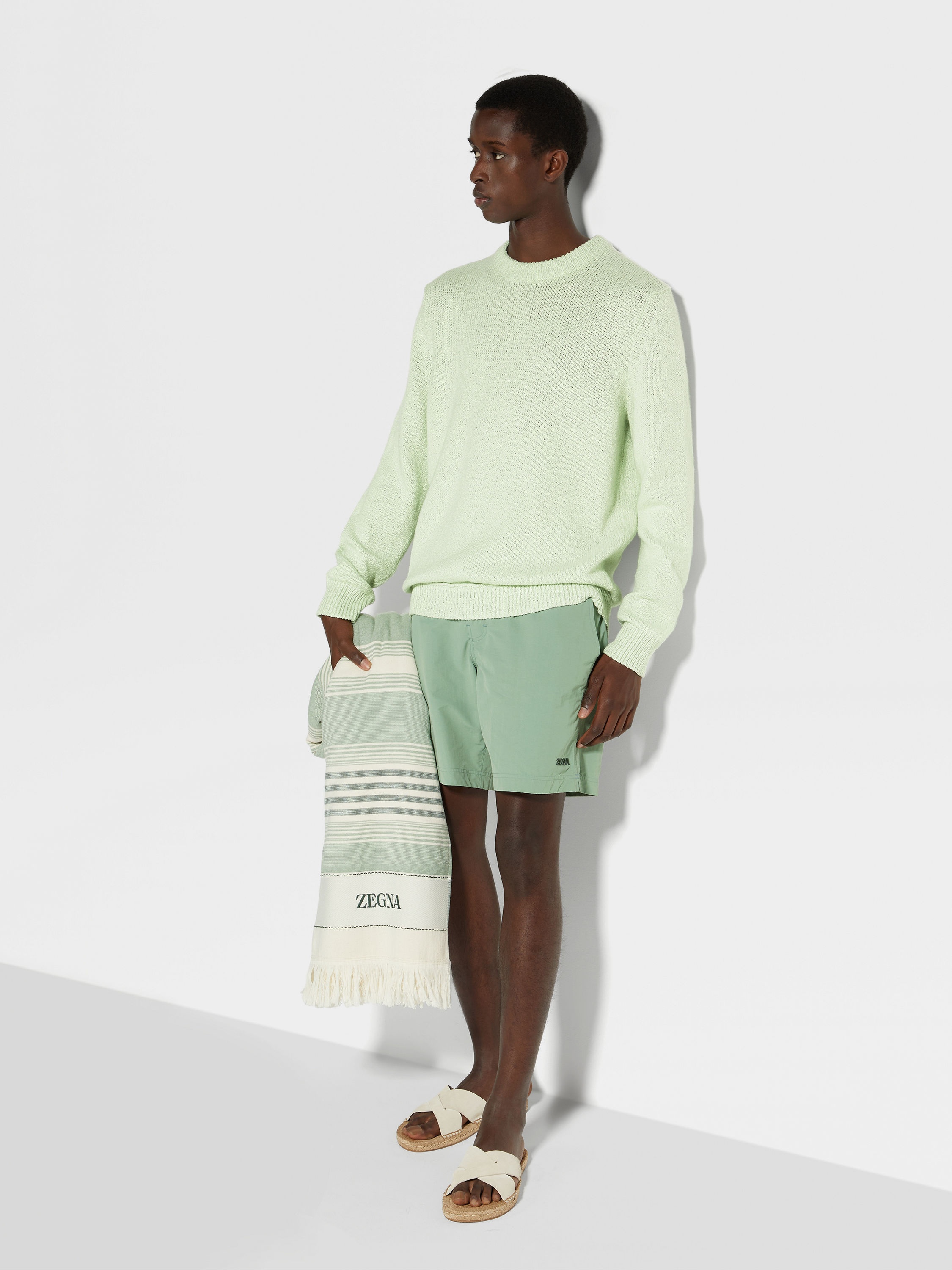 LIGHT AQUA GREEN COTTON AND SILK CREWNECK - 3