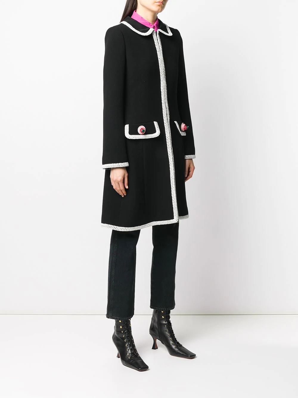 contrasting-trim mid-length coat - 3