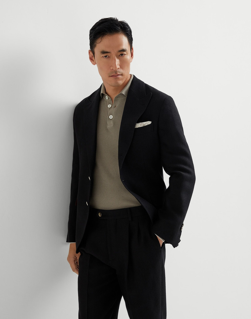 Linen, silk, wool and cotton textured stripe diagonal deconstructed blazer with large peak lapels an 4