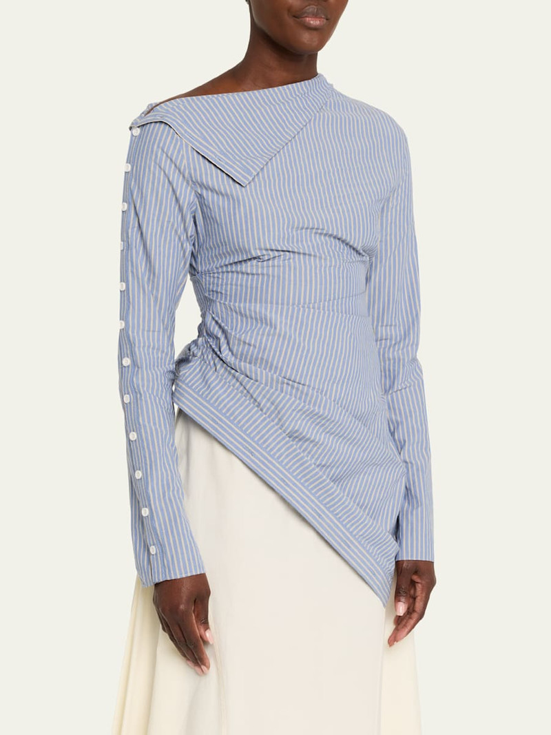 Asymmetric Pinstripe Button-Sleeve Blouse 4