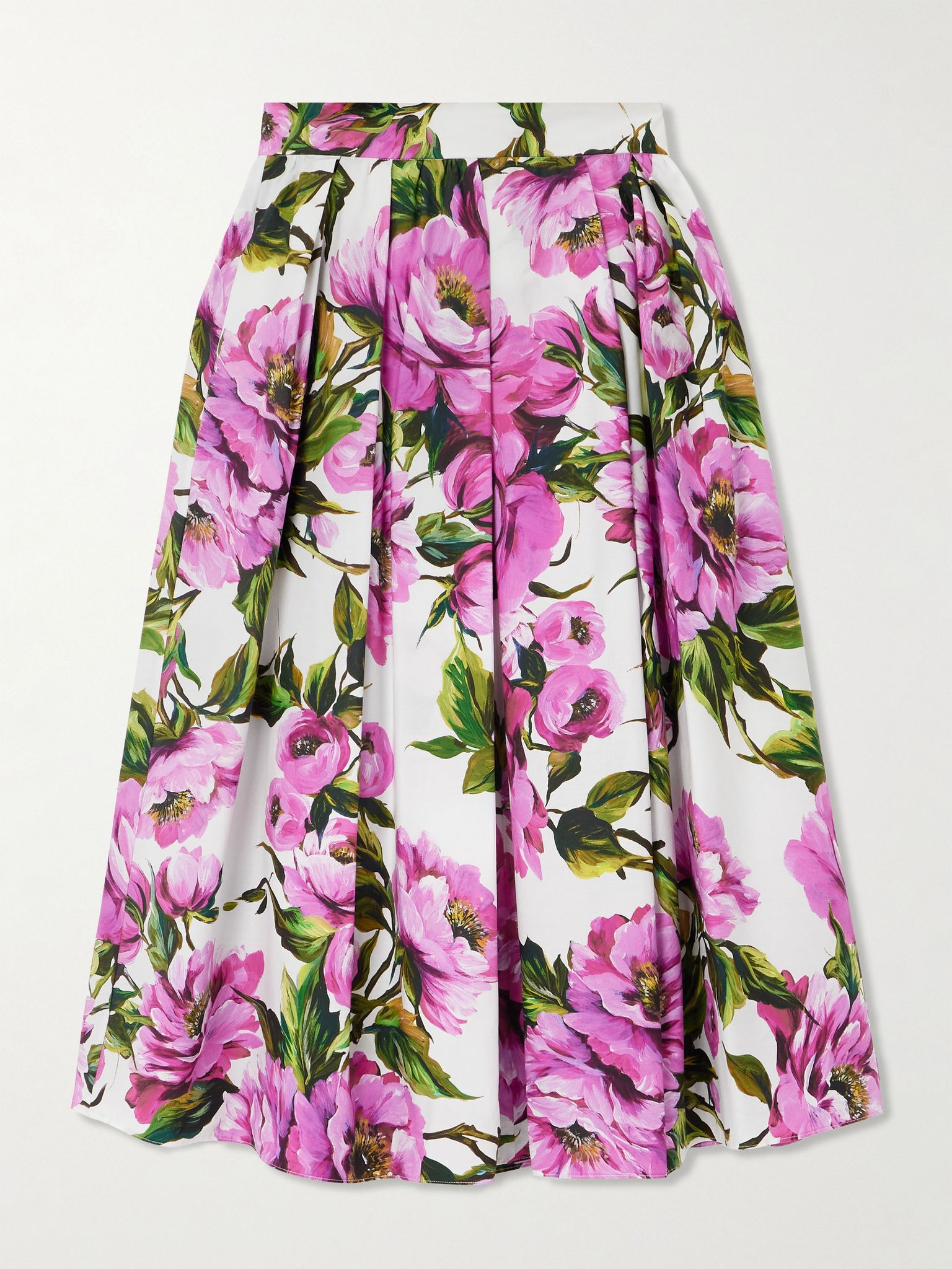 Pleated floral-print cotton-poplin midi skirt Pink - 1