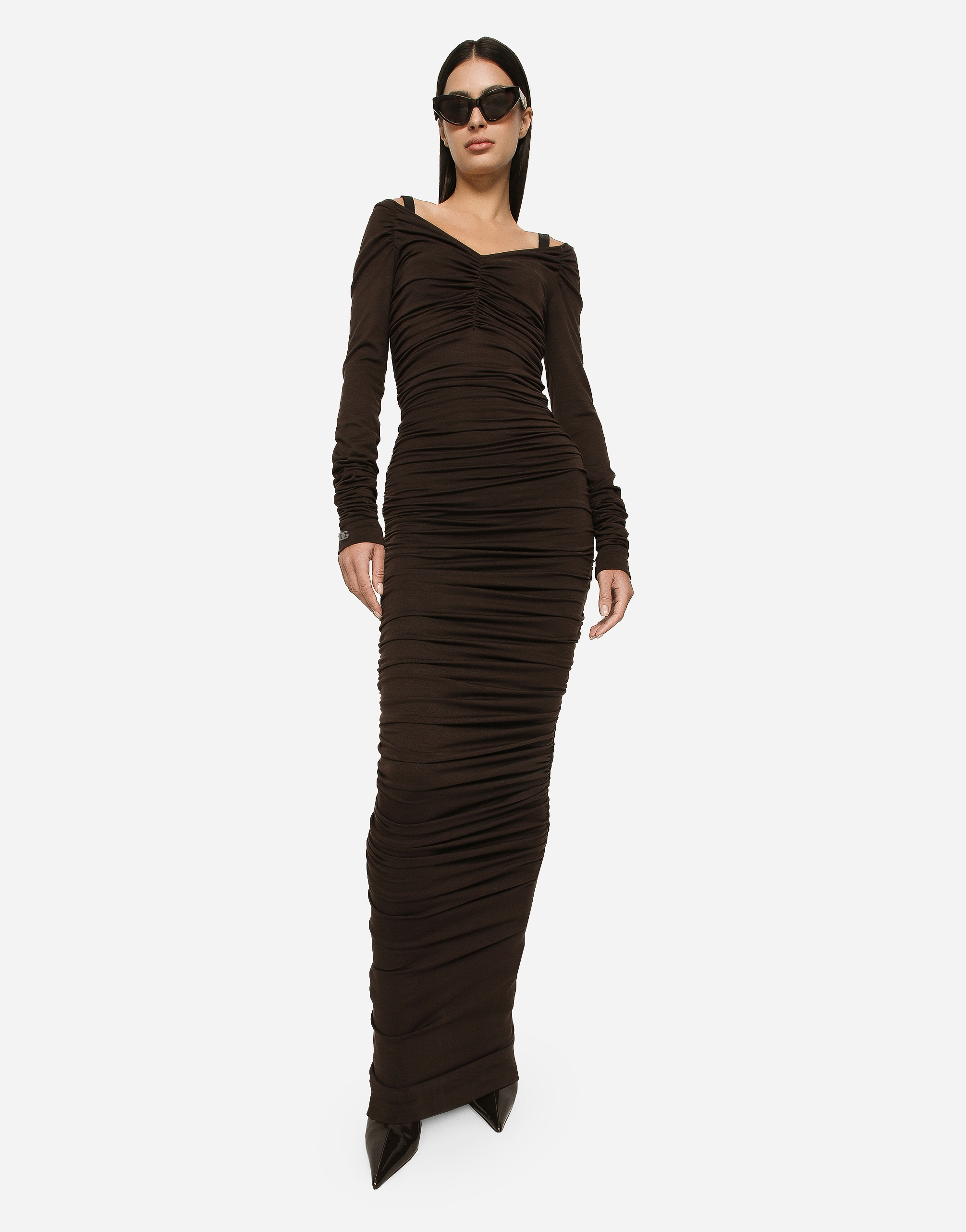 V-neck calf-length dress in wool jersey - 2