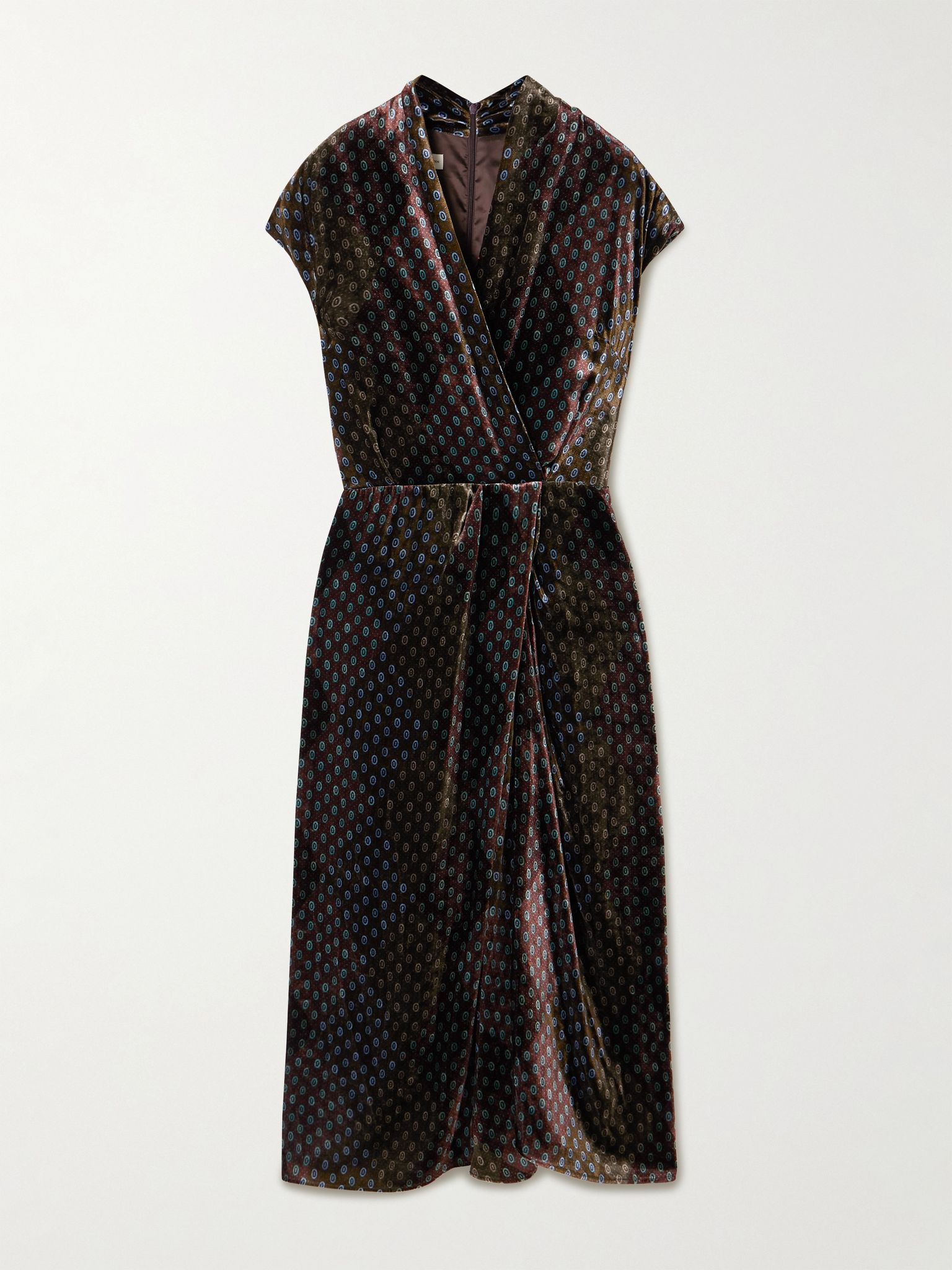 Printed velvet wrap-effect midi dress Black - 1